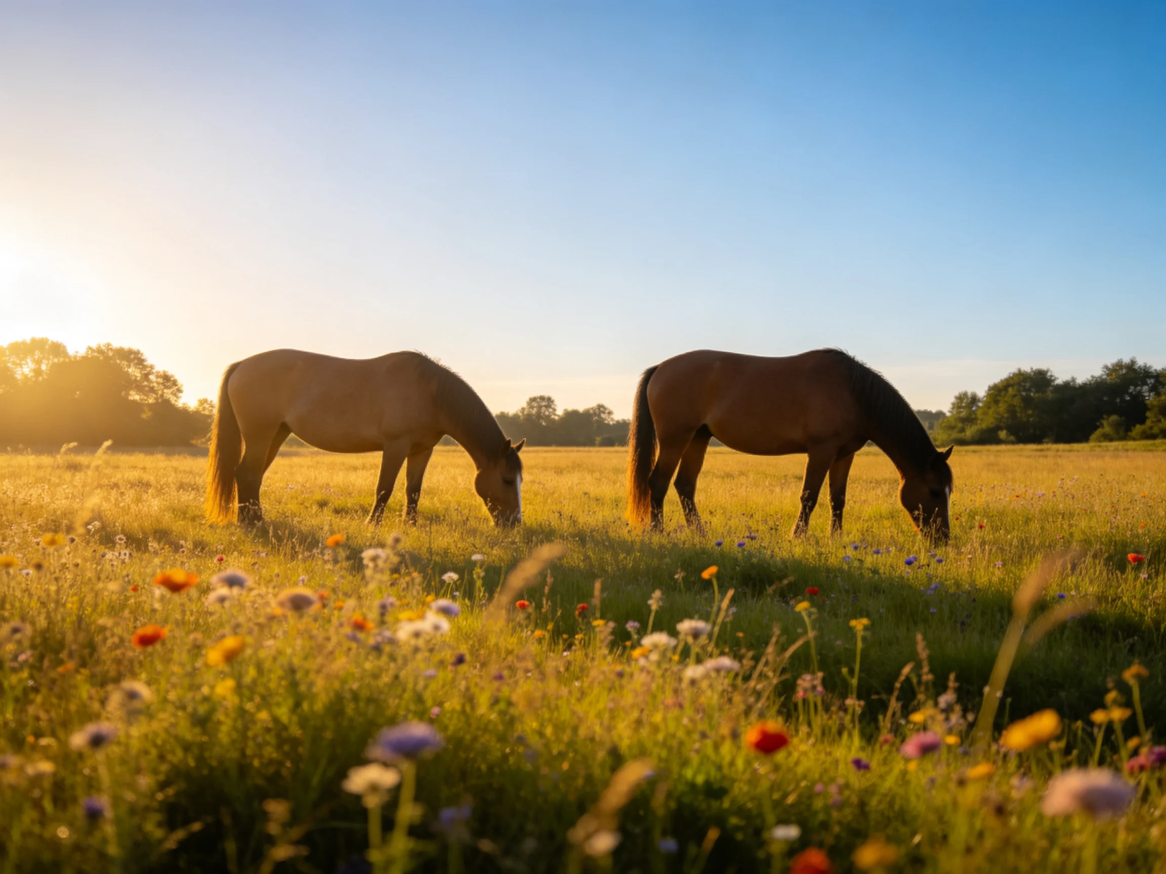 Two horses graze in a sunlit meadow dotted with wildflowers