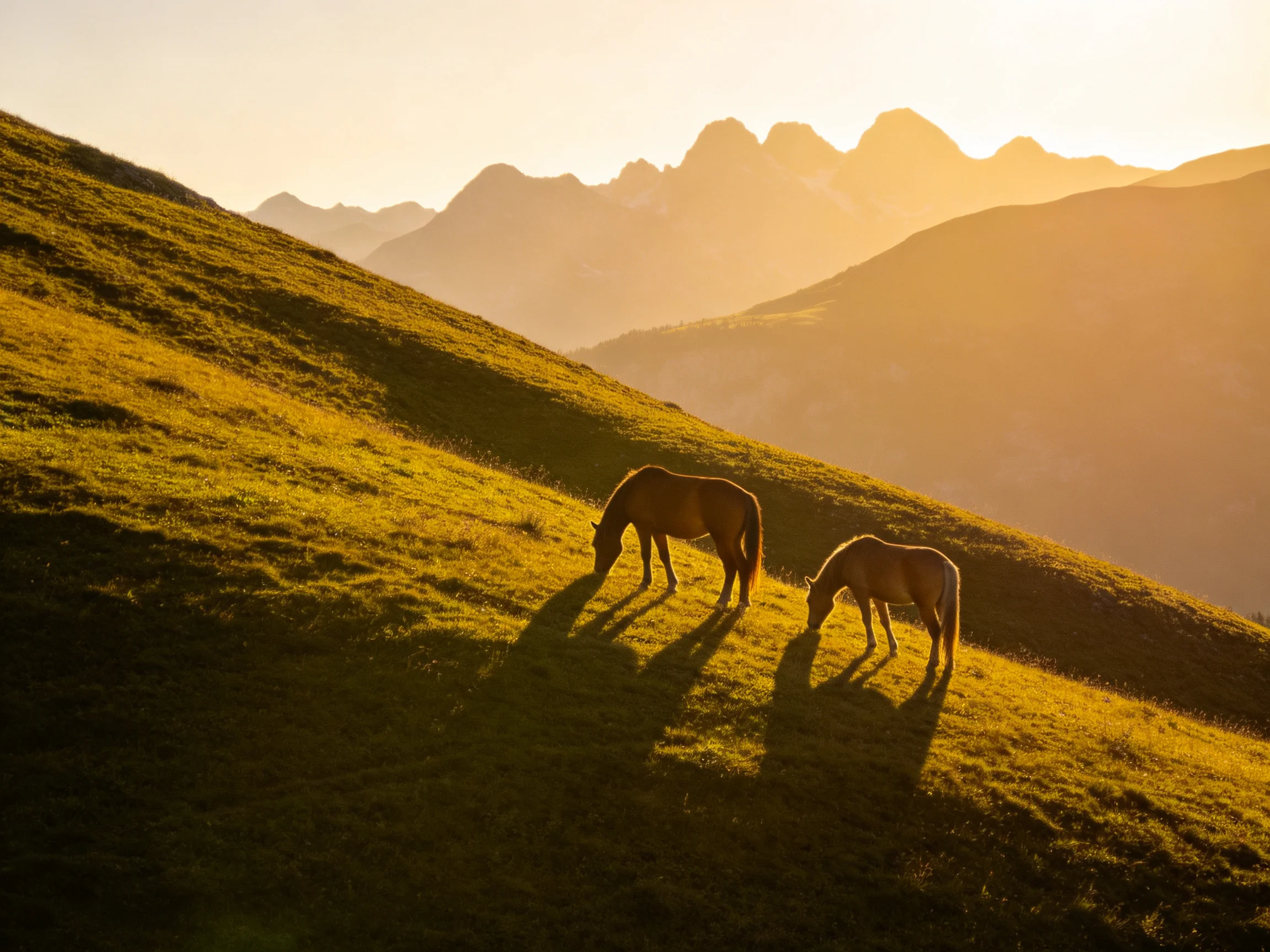 Two brown horses graze on a golden-hued grassy hillside with misty mountain peaks