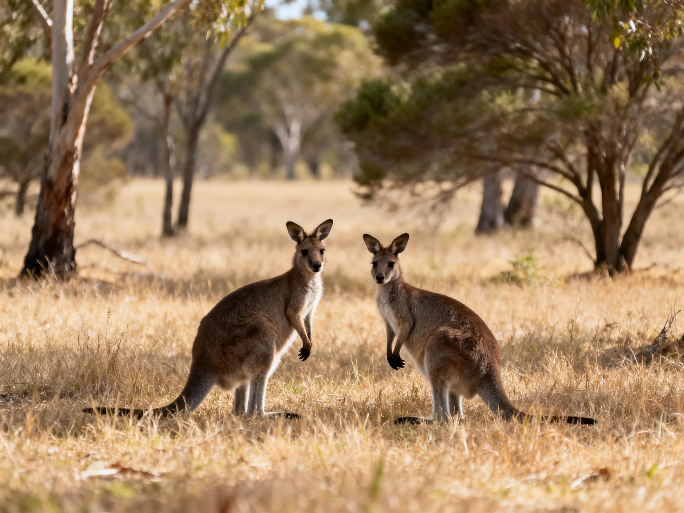 Two brown kangaroos stand in golden grassland near scattered trees