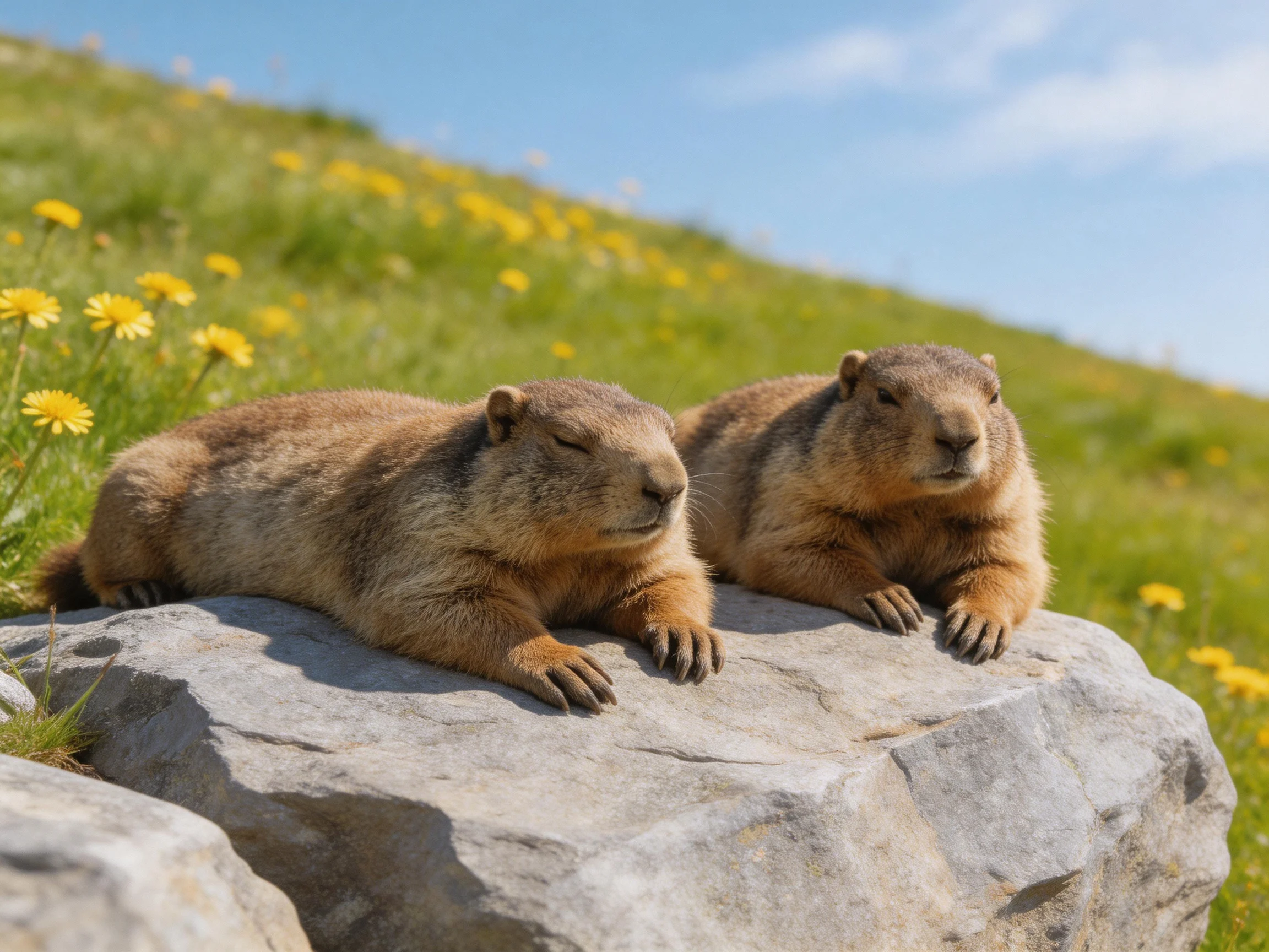 Two brown marmots relax on a rock in a flower-filled meadow.