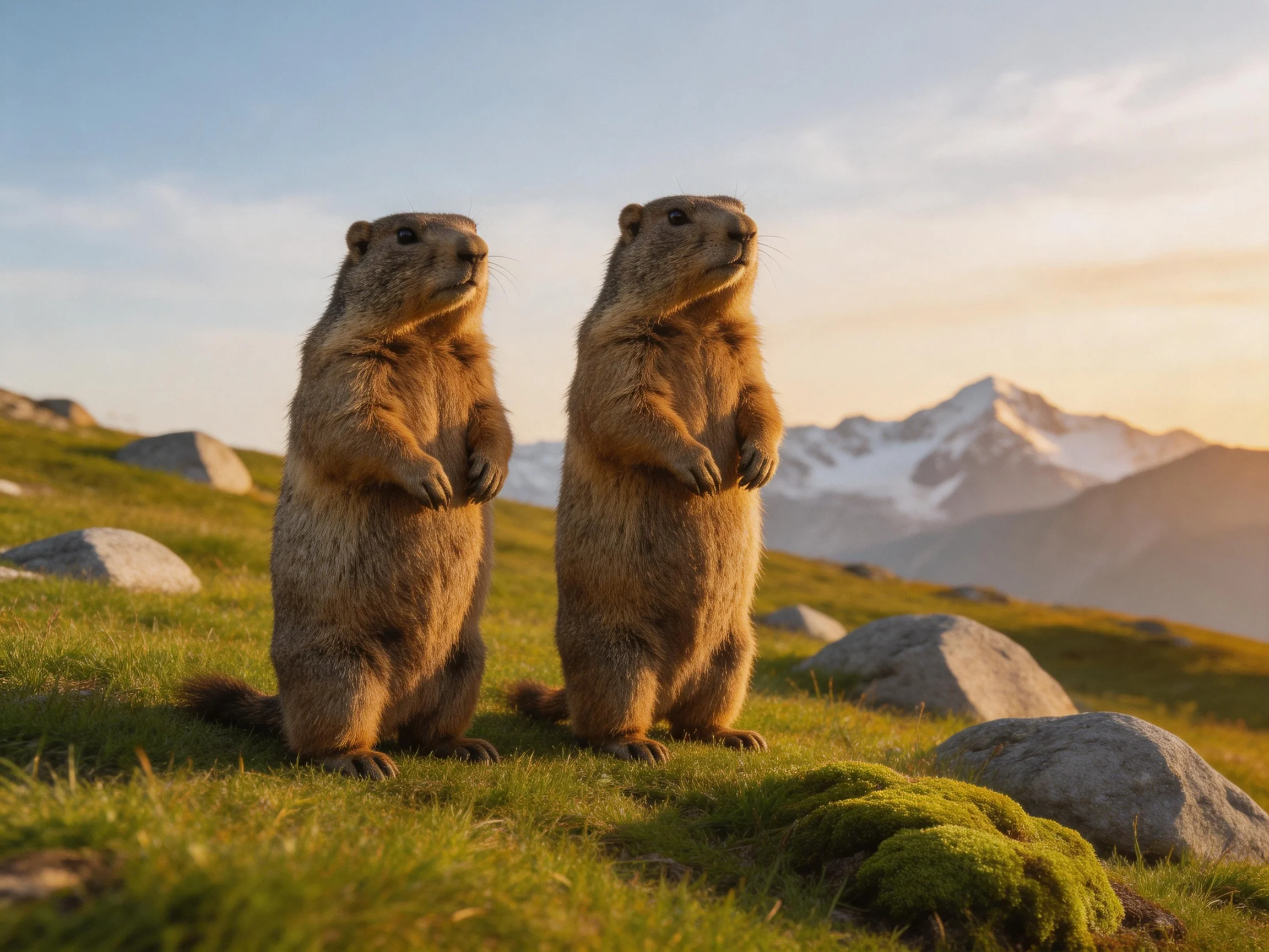 Two brown marmots stand on a grassy meadow near snow-capped mountains