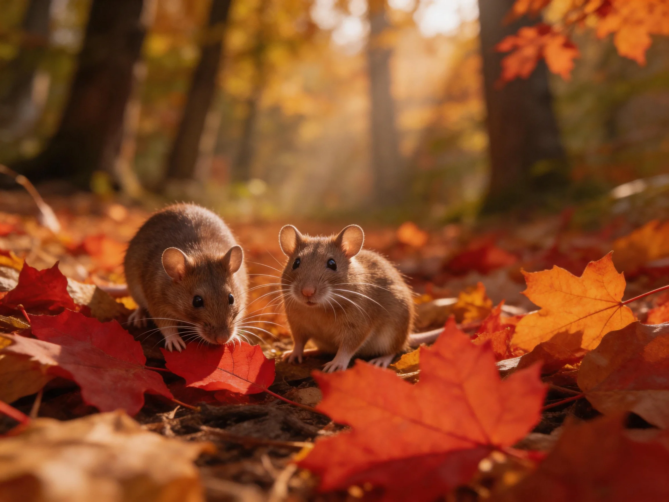 Two brown mice explore vibrant fall foliage in a sun-dappled forest