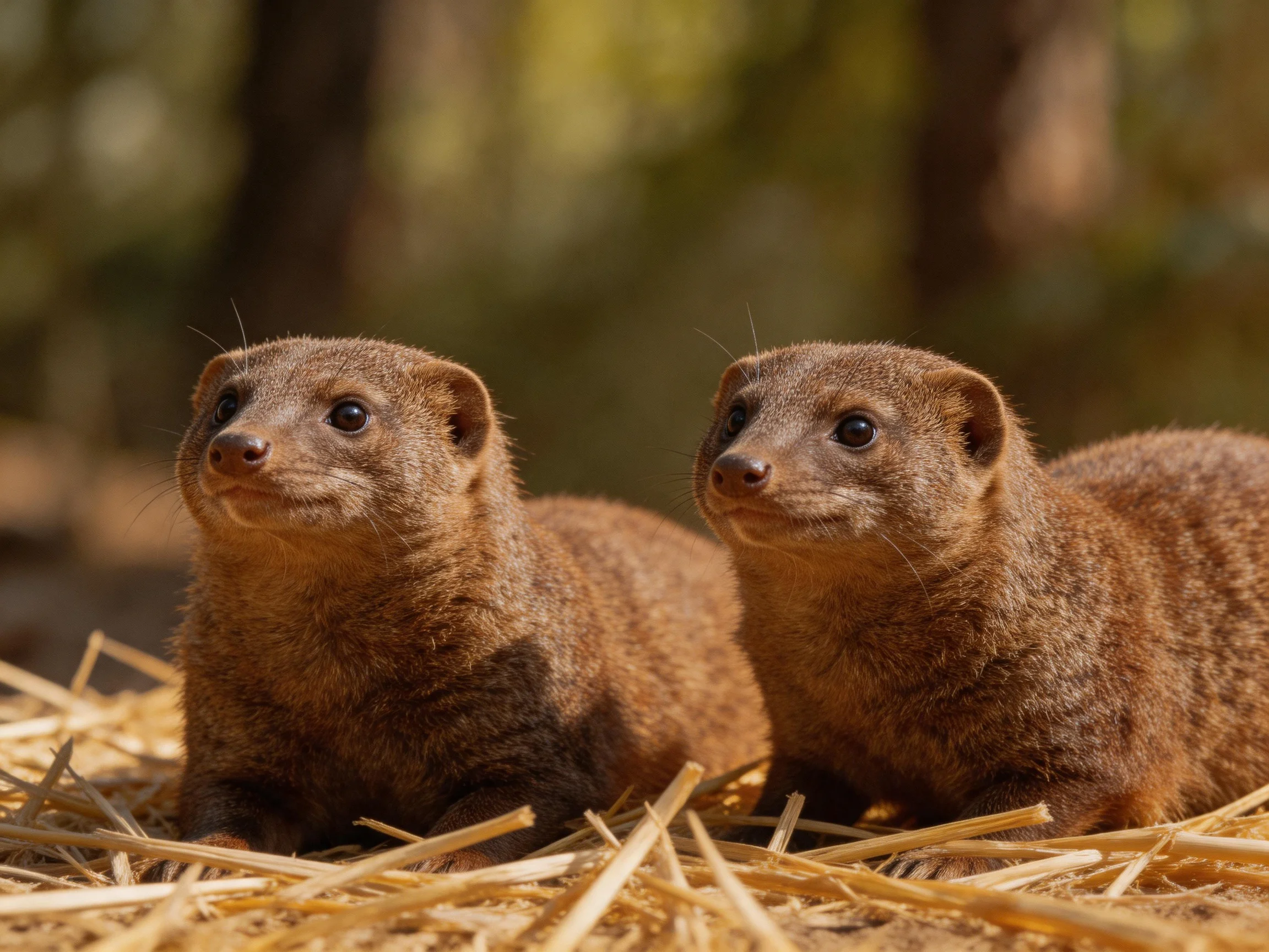 Two brown mongoises rest on straw in a forested setting