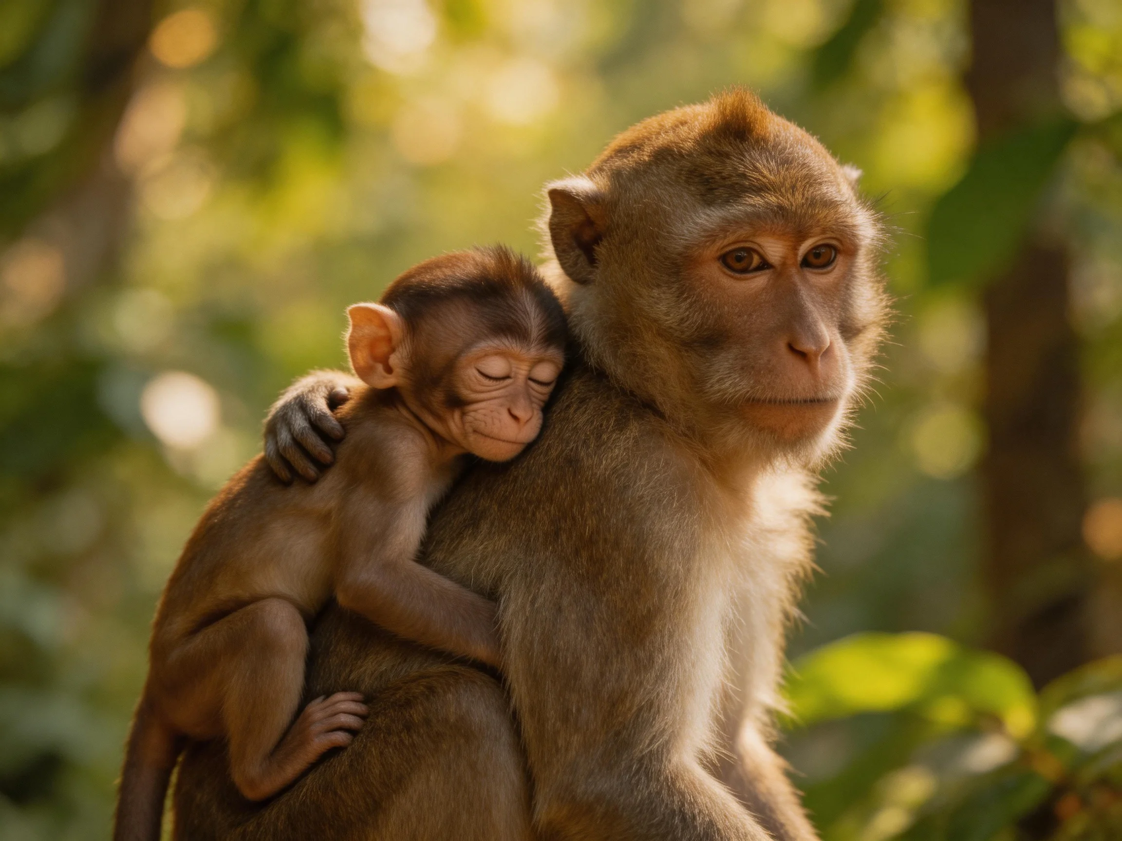 Two brown monkeys, an adult and a baby, in a sunlit forest