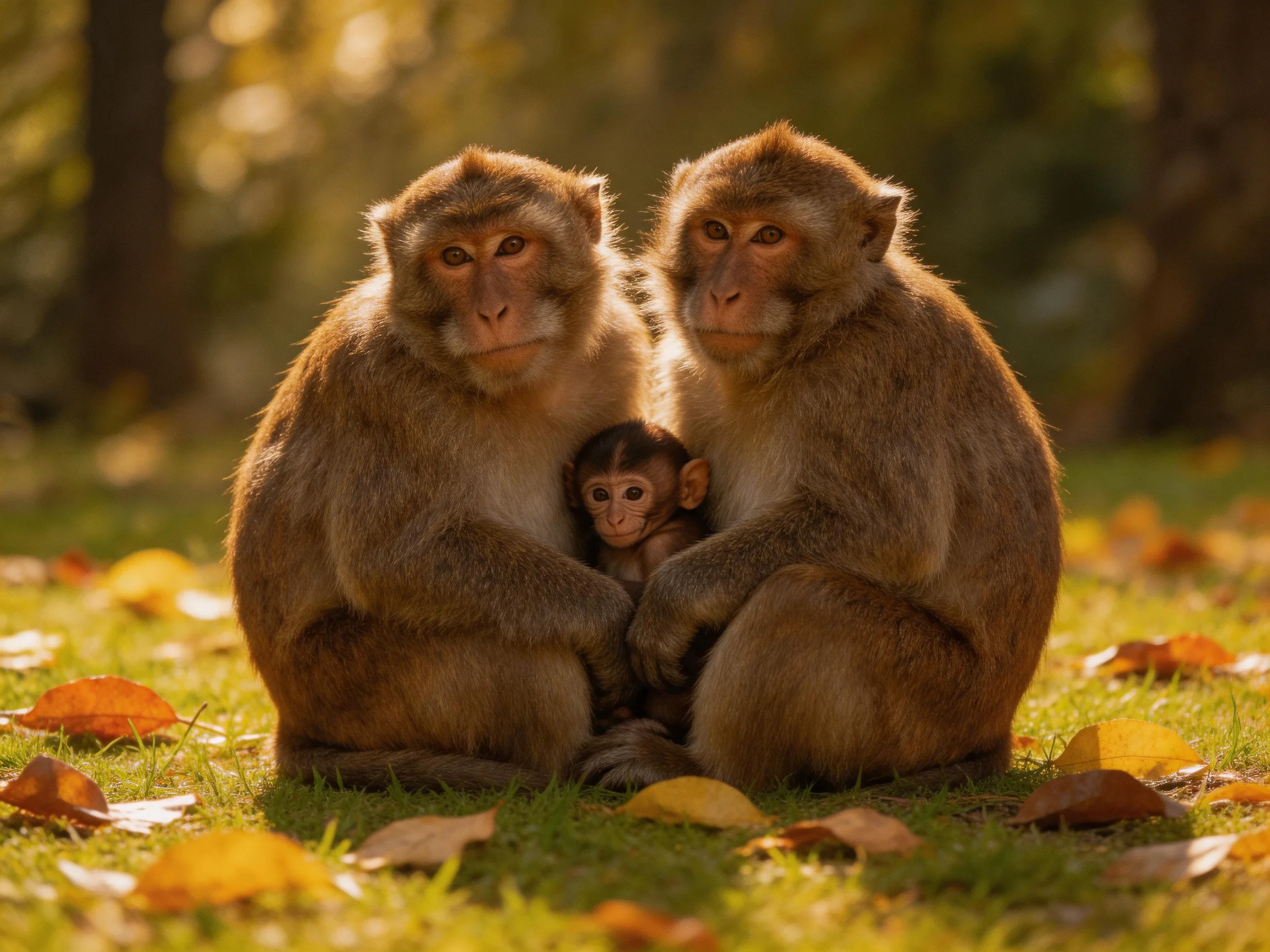 Two brown monkeys and an infant monkey sit among autumn leaves in golden light