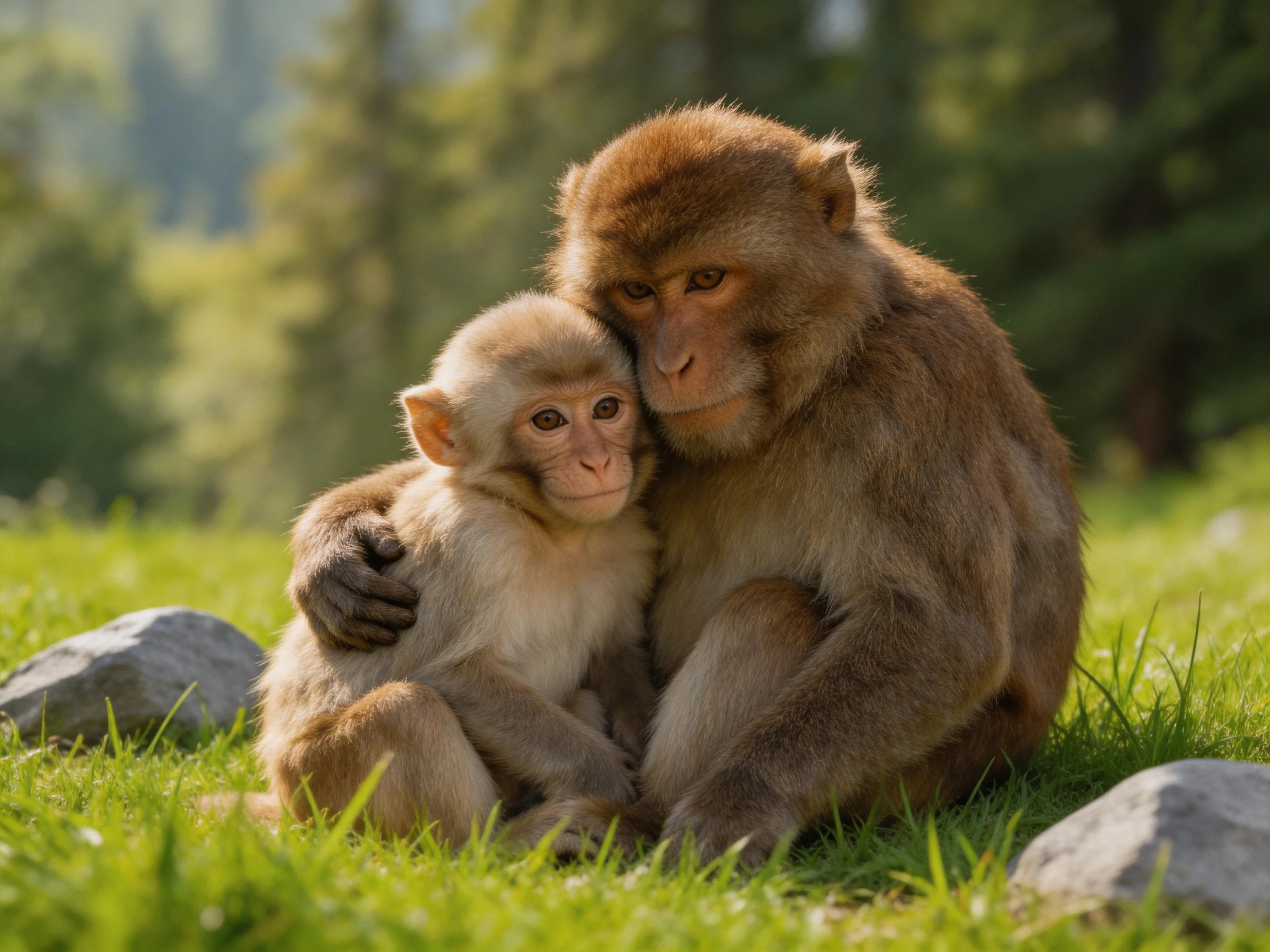 Two brown monkeys cuddle on lush green grass near rocks
