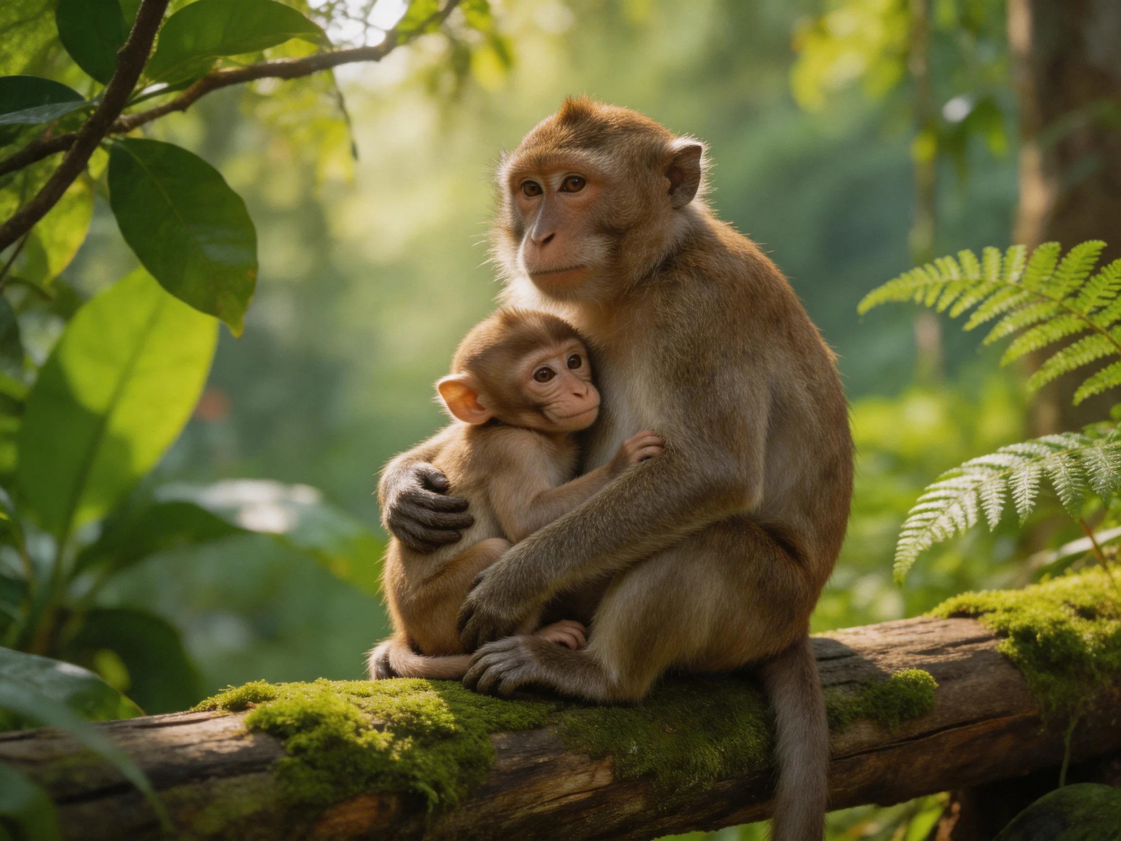 Two brown monkeys embrace on a moss-covered log in a lush forest
