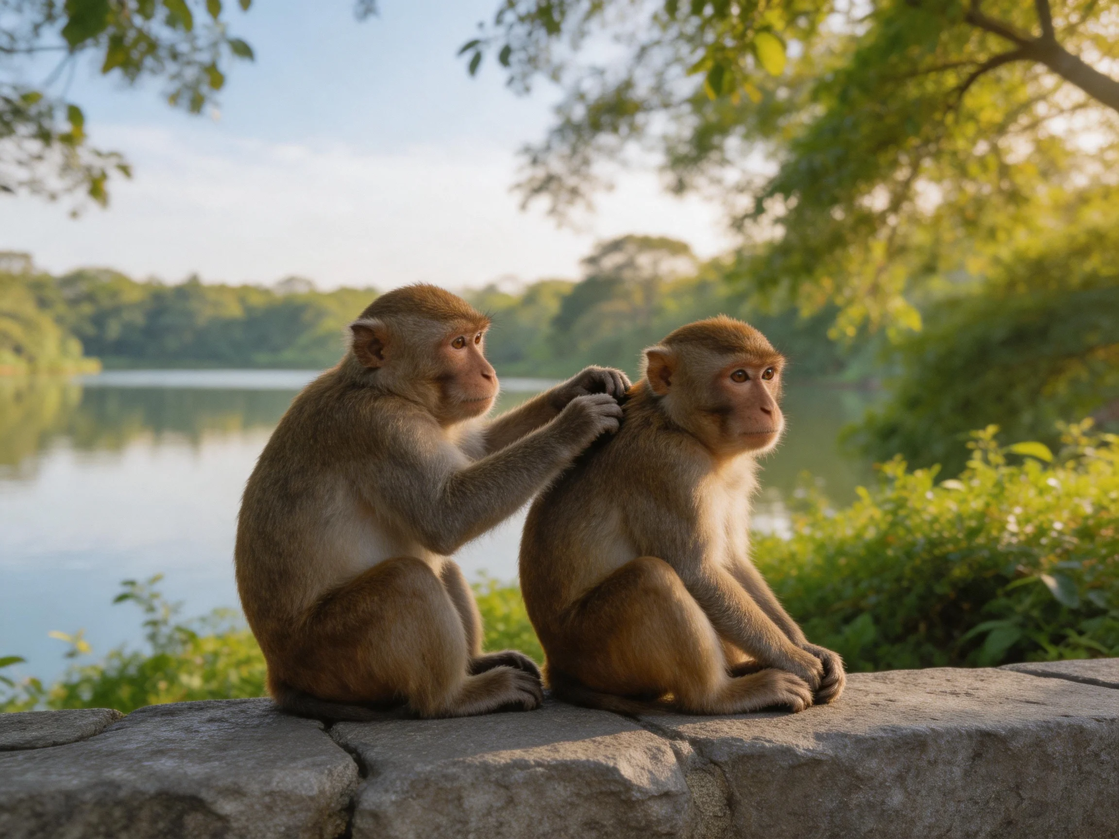 Two brown monkeys groom each other by a serene lake with lush green surroundings.