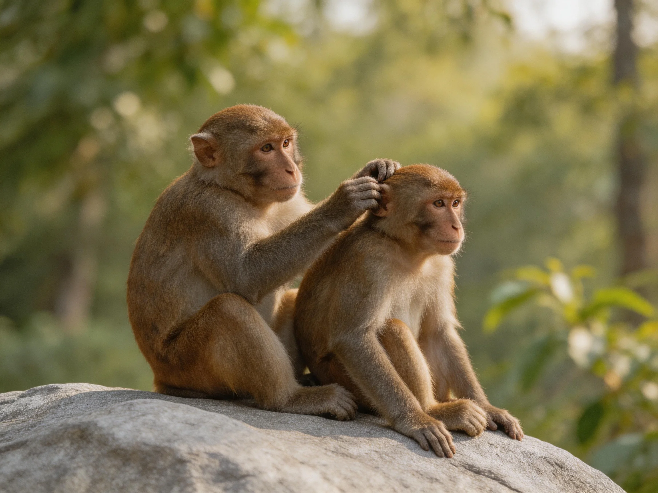 Two brown monkeys grooming each other on a large gray rock in a verdant forest