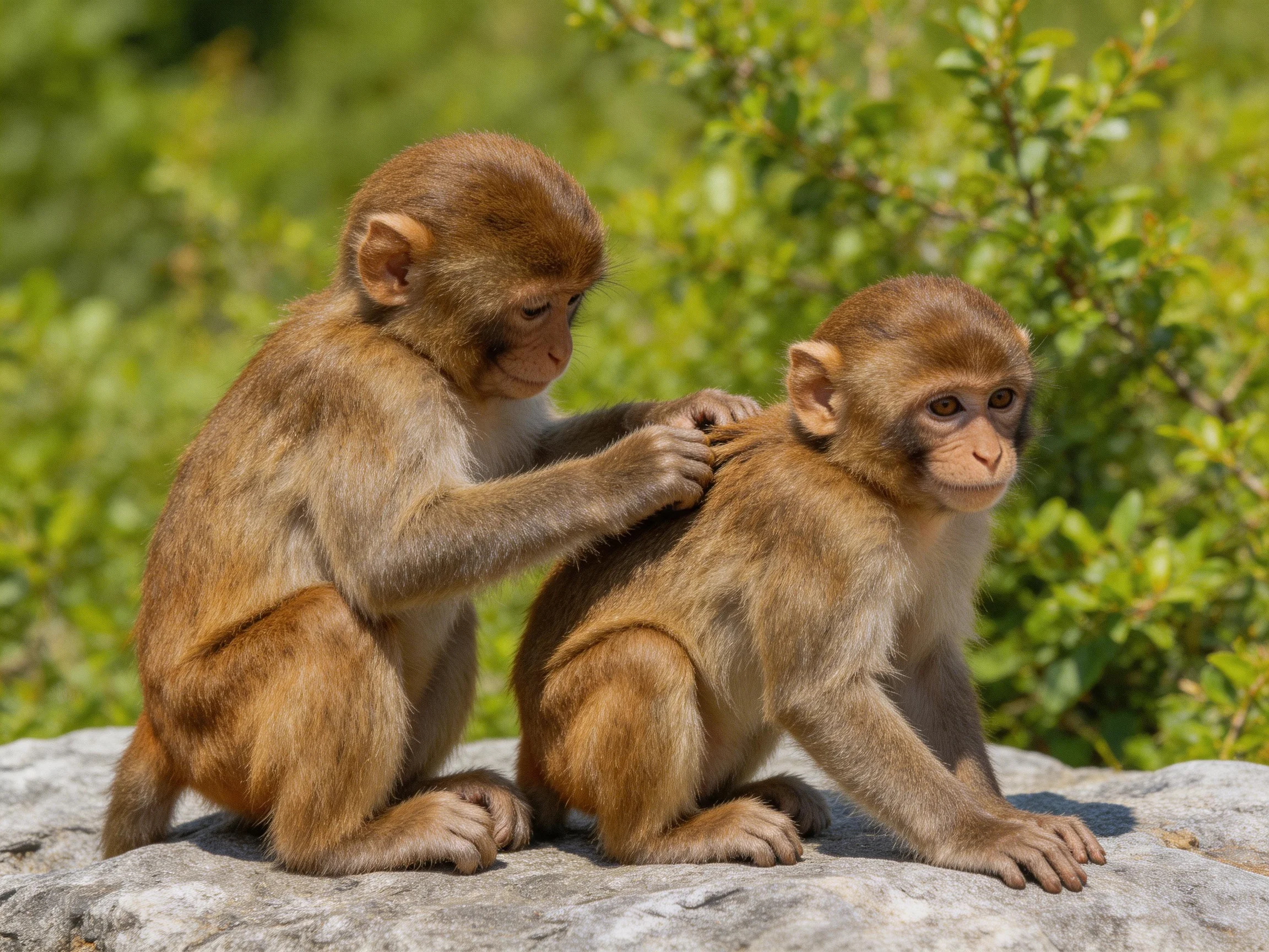 Two brown monkeys grooming each other on a rocky ledge with green foliage