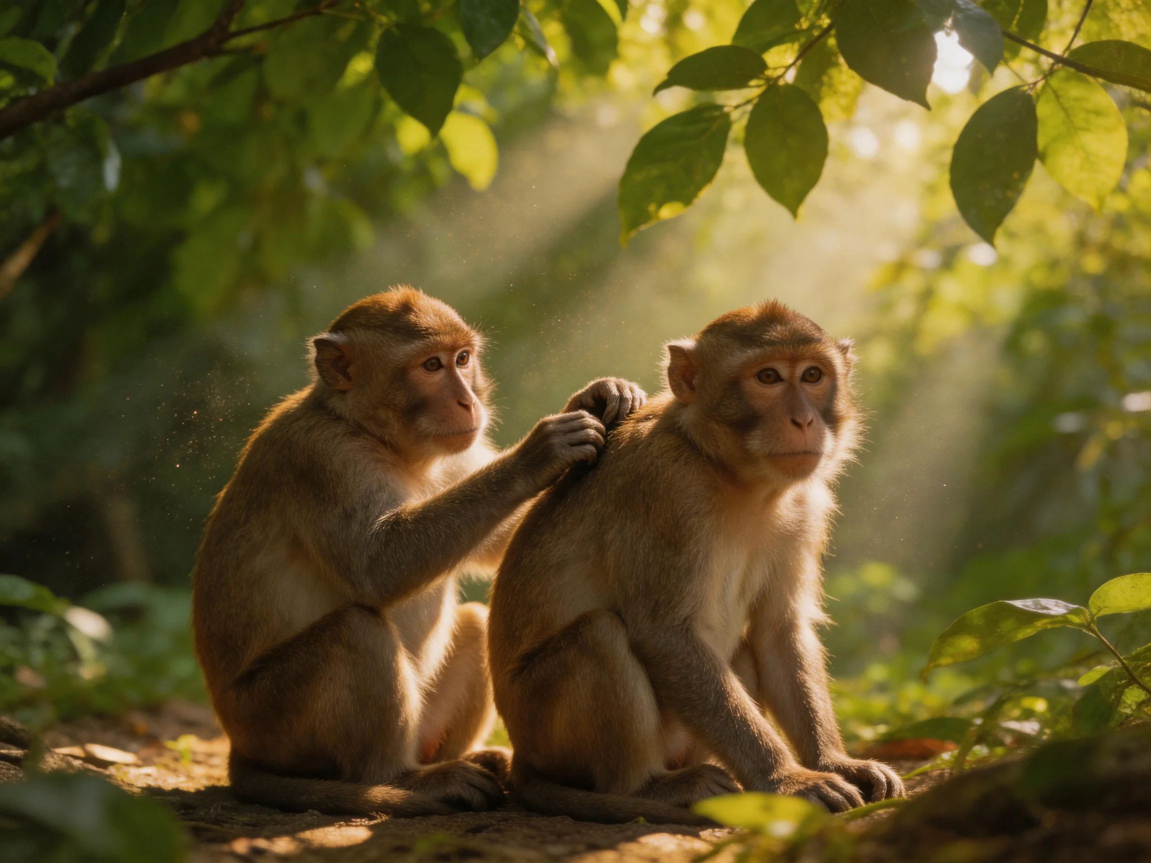 Two brown monkeys grooming in a sun-dappled forest clearing