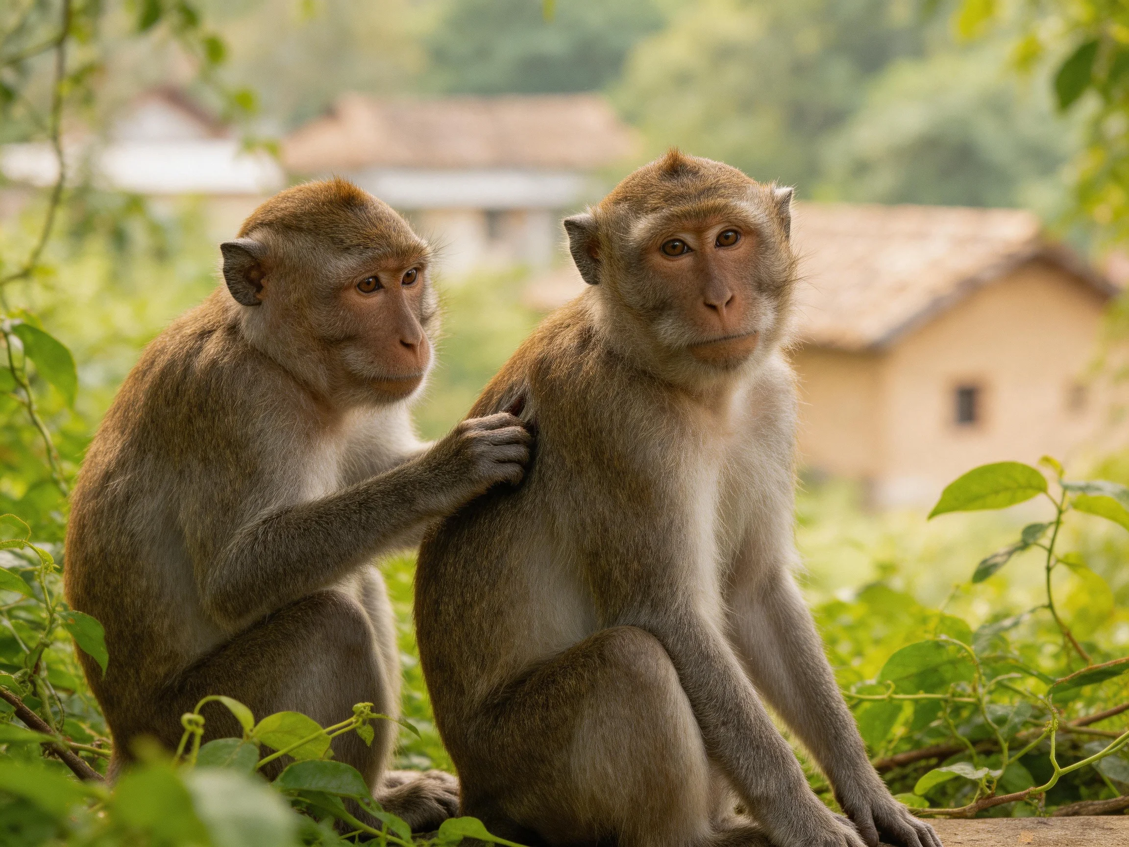 Two brown monkeys grooming near green foliage and distant houses