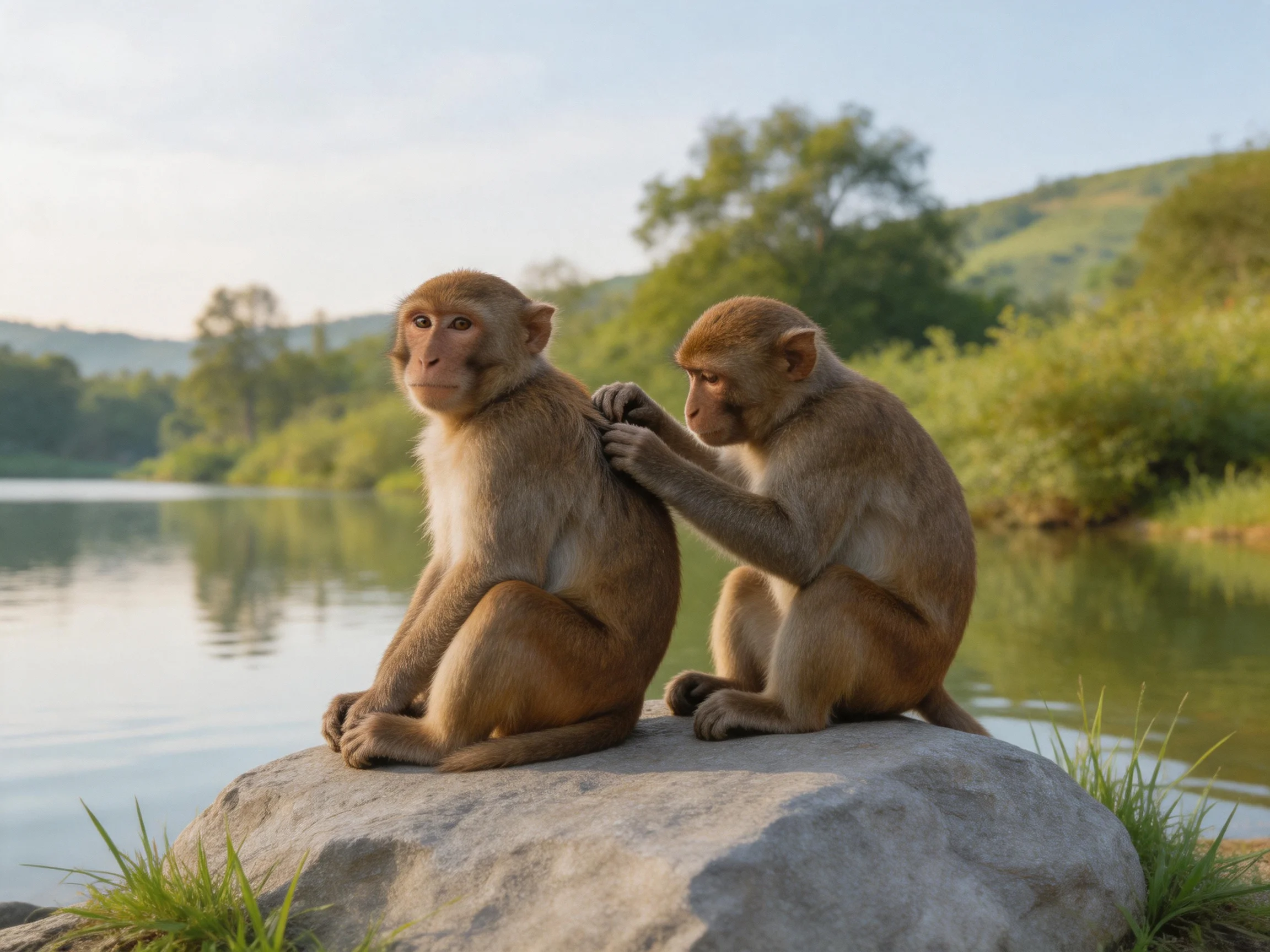 Two brown monkeys grooming on a large gray rock by calm waters