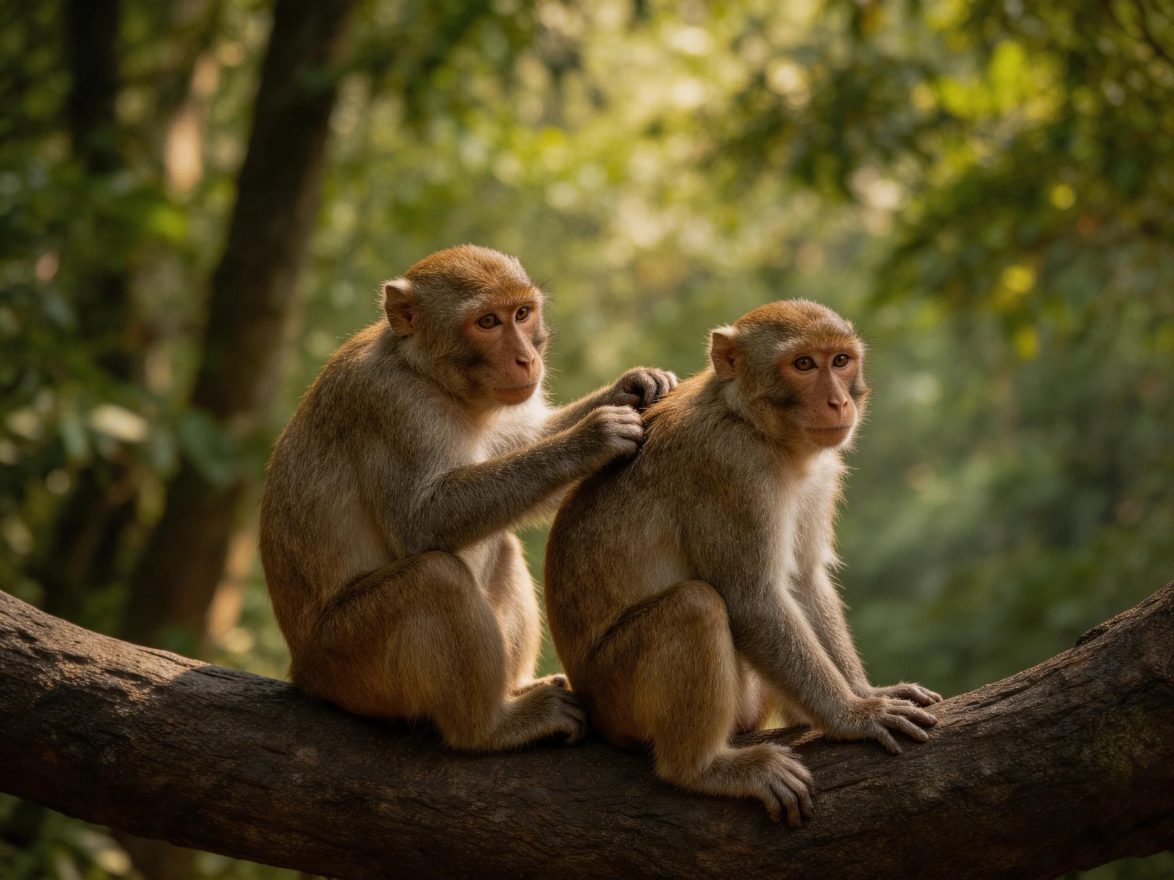 Two brown monkeys grooming on a sun-dappled forest branch