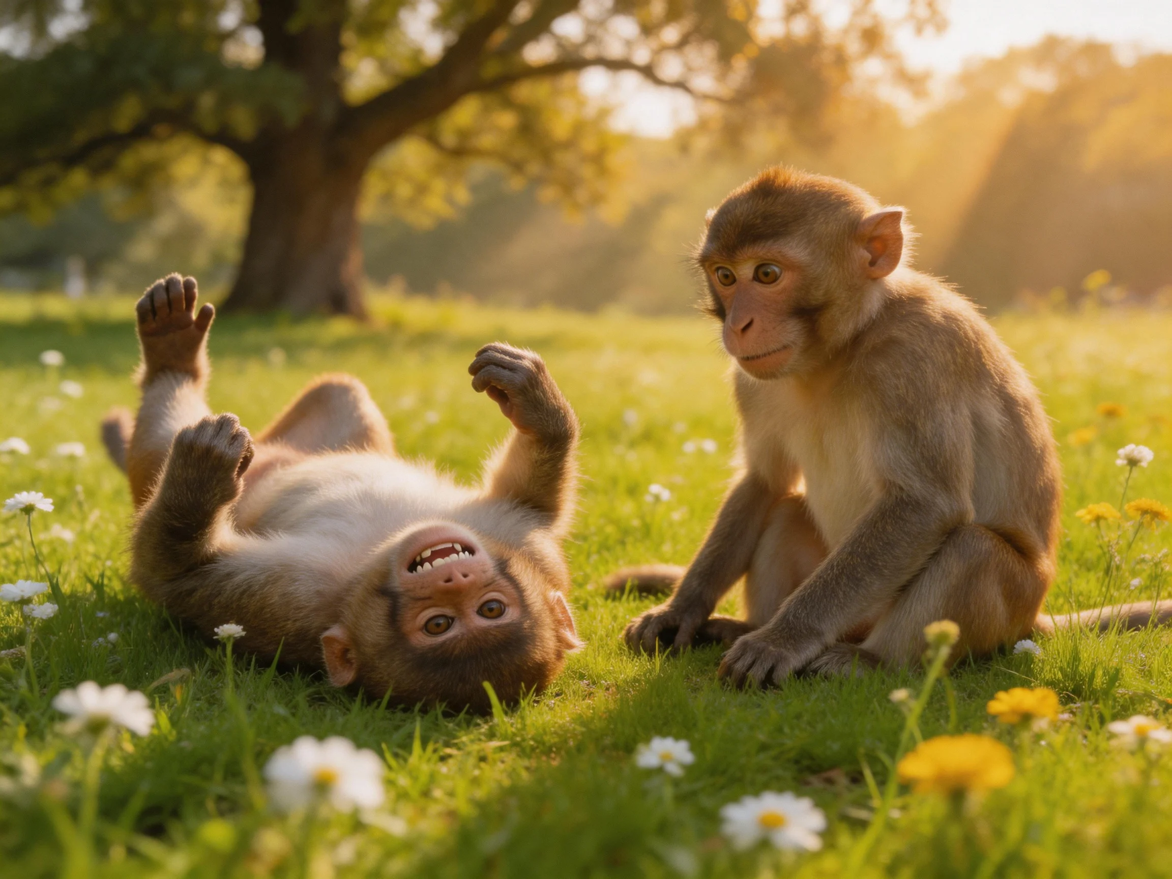 Two brown monkeys interact on a flowered meadow bathed in golden light