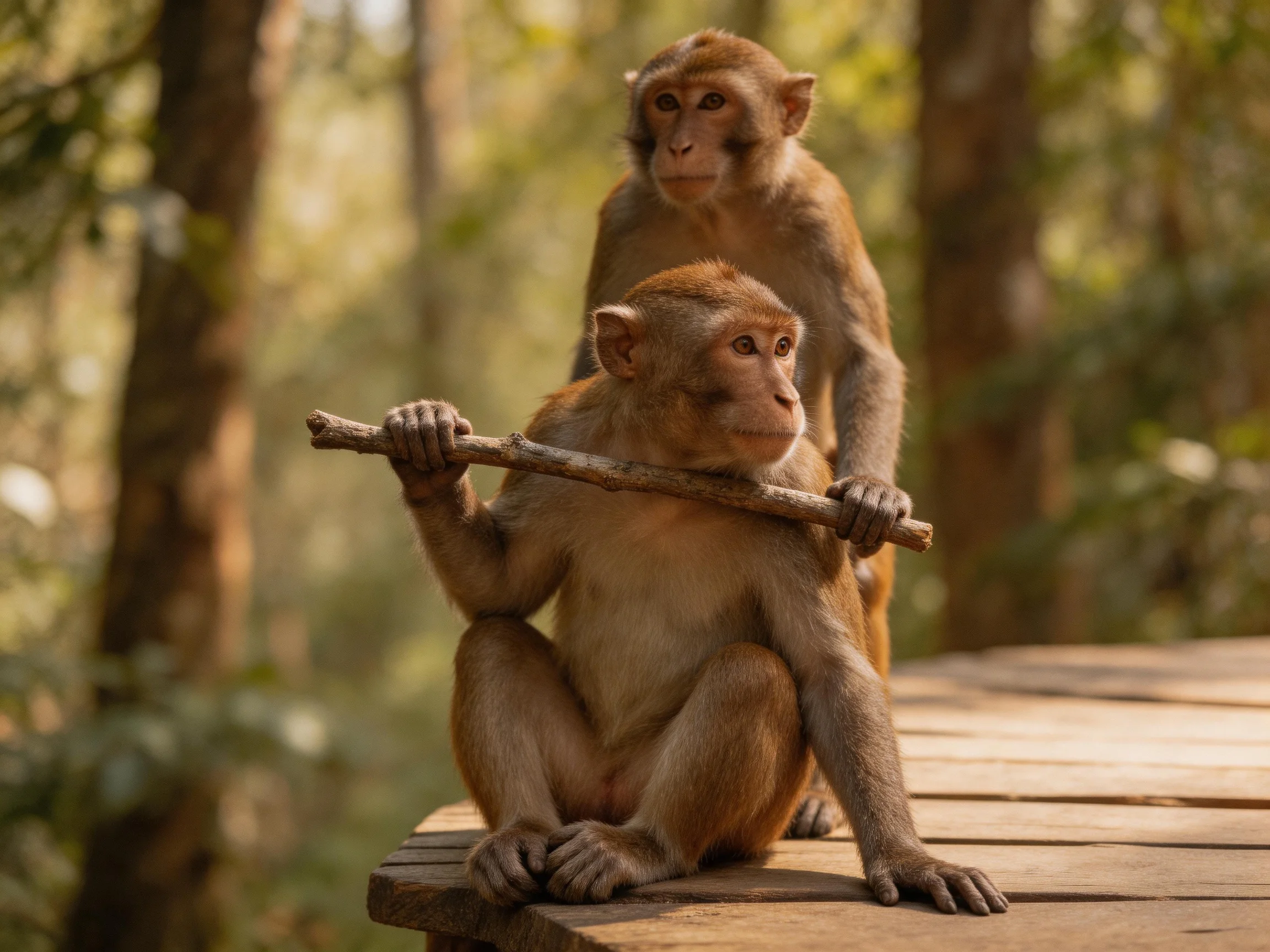 Two brown monkeys interact on a wooden platform in a forest