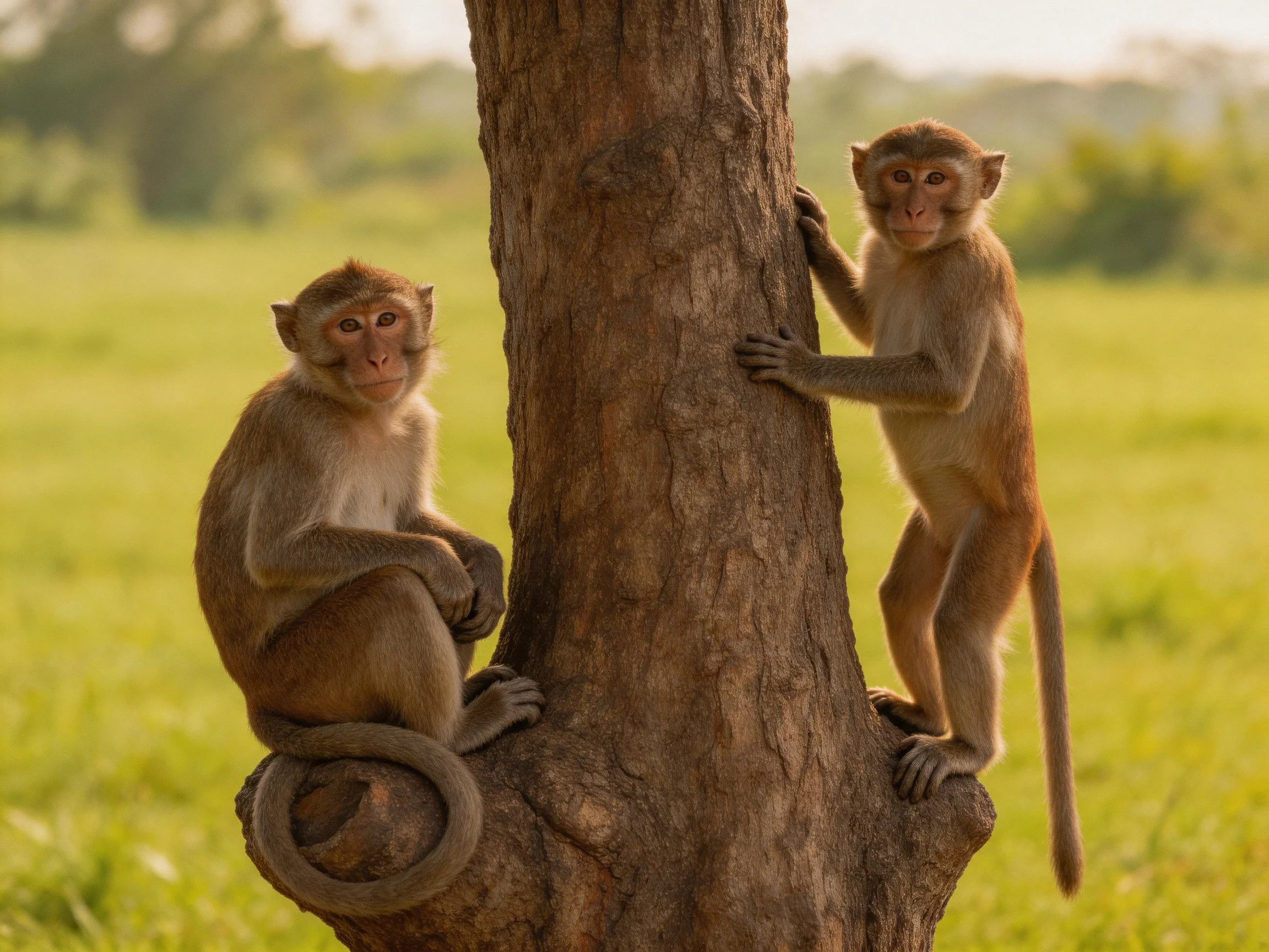 Two brown monkeys interact with a large tree in a green field