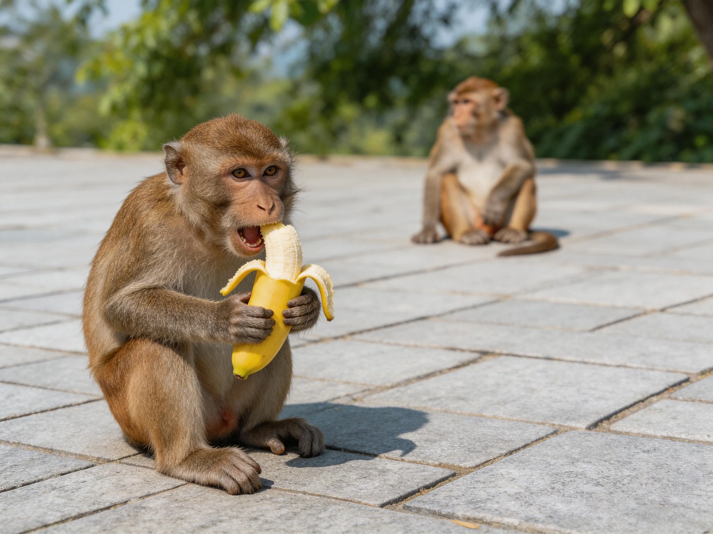 Two brown monkeys on a stone pavement, one eating a banana
