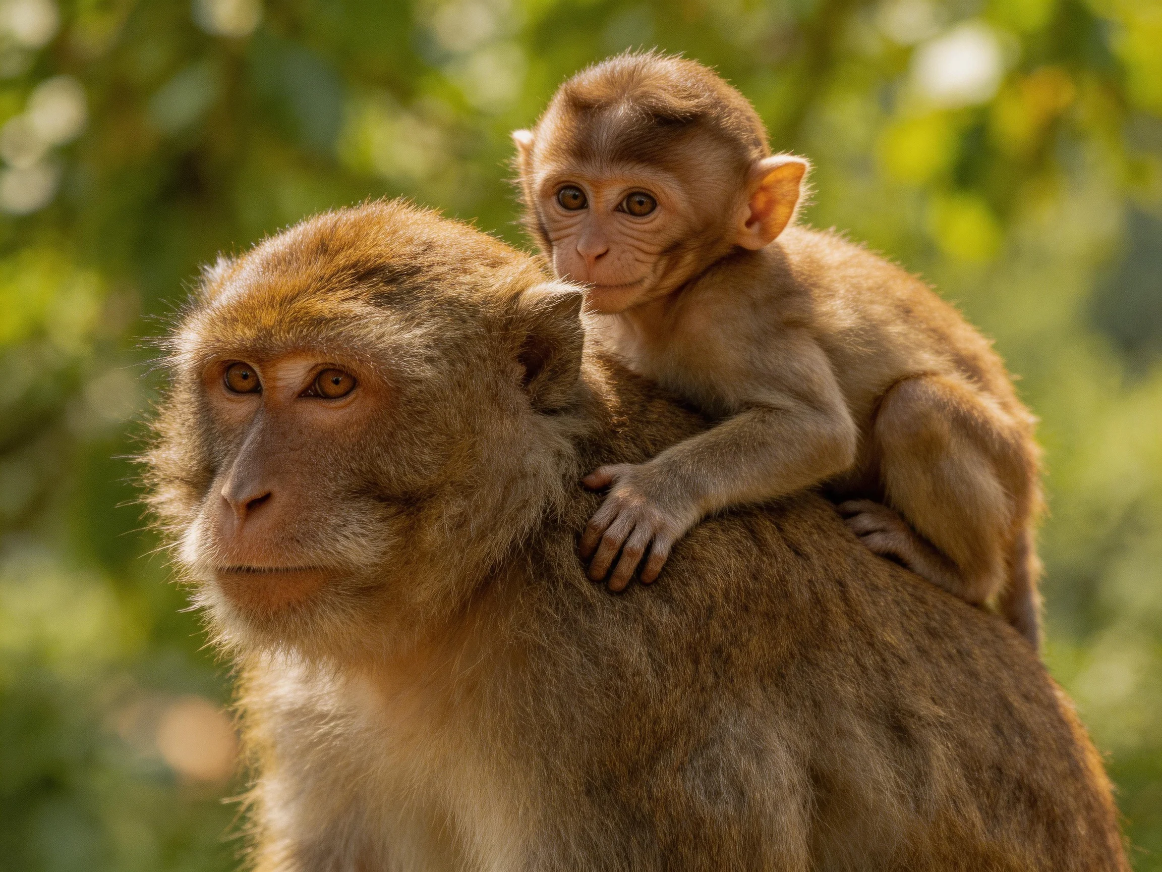 Two brown monkeys, one adult and one juvenile, in a sunlit forest