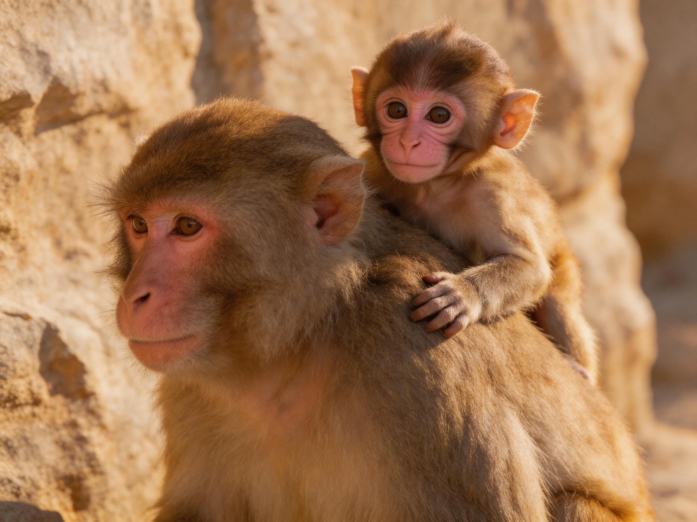 Two brown monkeys, one adult and one juvenile, near a rocky wall