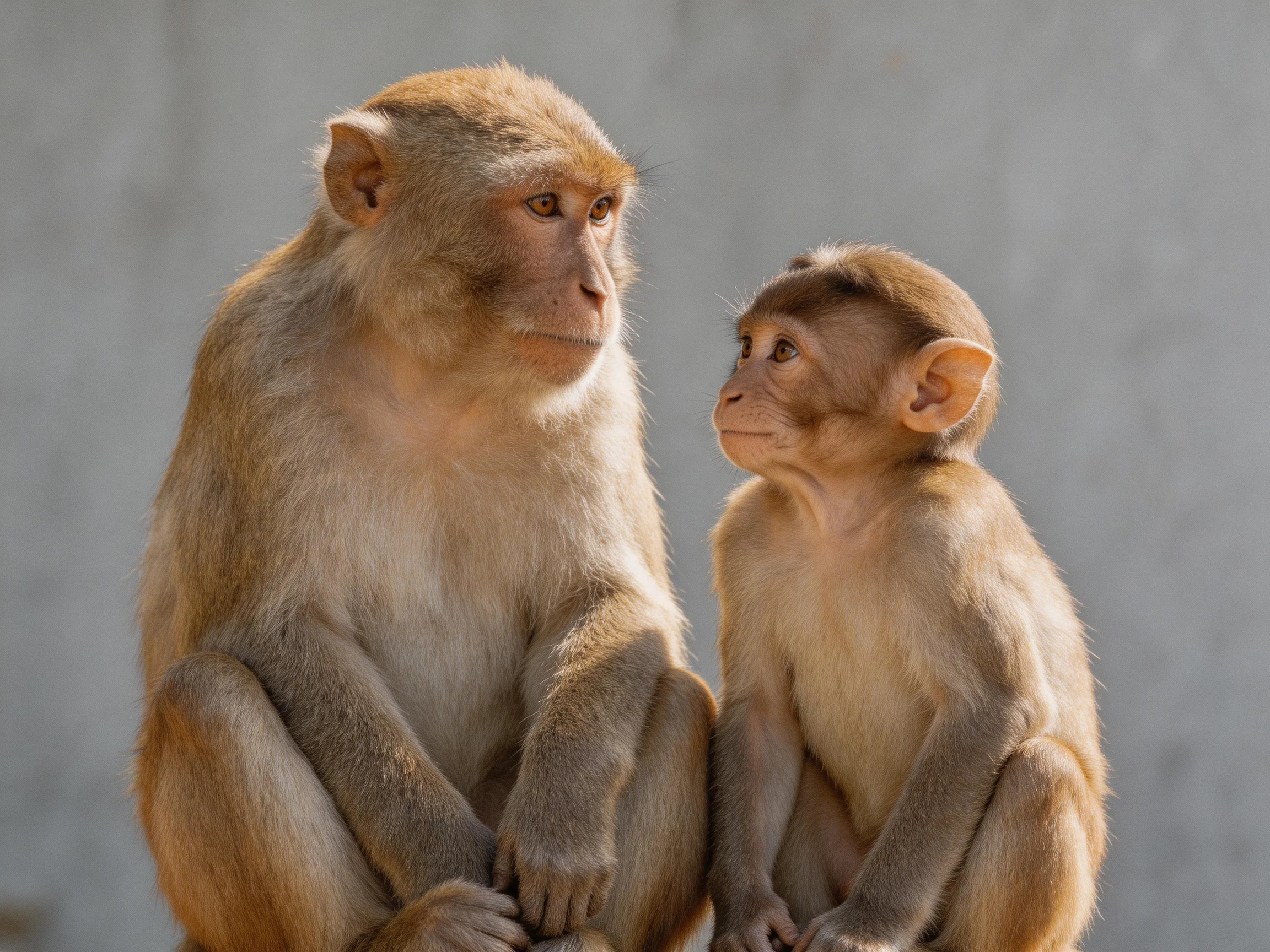 Two brown monkeys, one adult and one juvenile, sit side by side near a gray backdrop