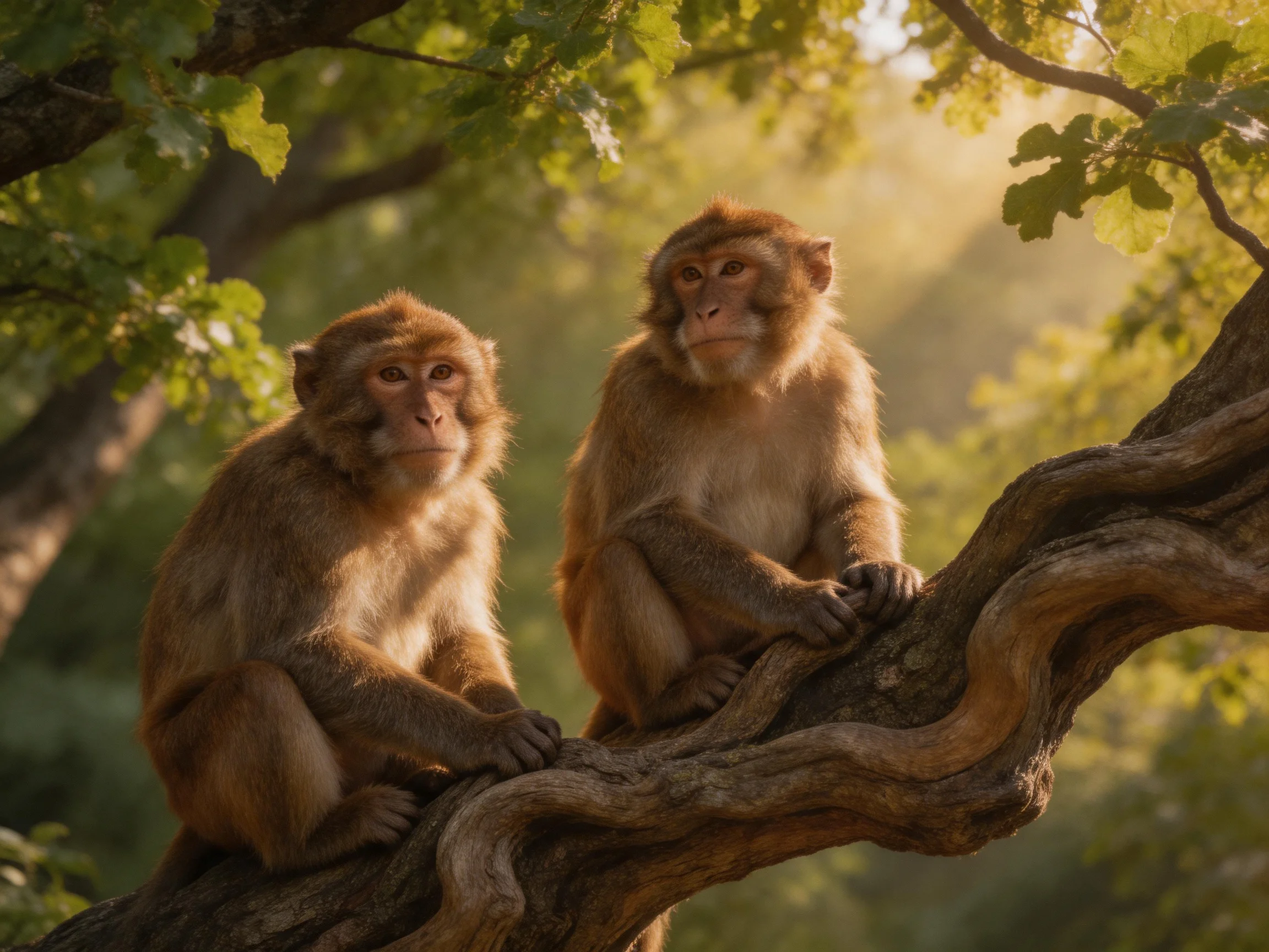 Two brown monkeys rest on a gnarled tree branch amid lush greenery