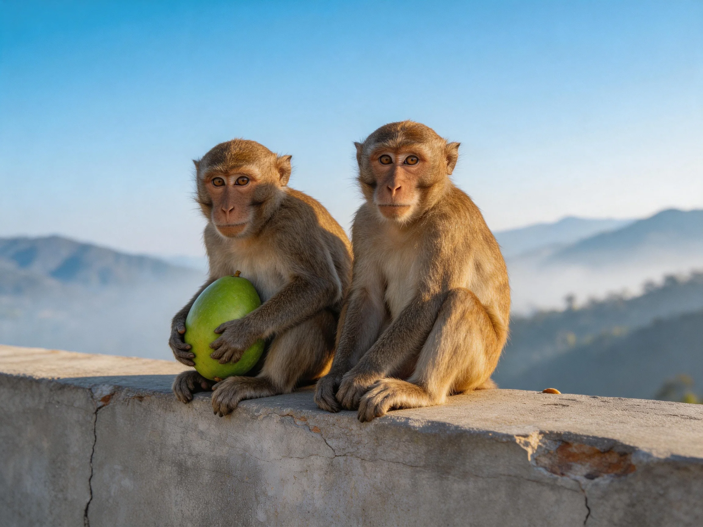 Two brown monkeys sit on a concrete ledge with misty mountains; one holds a green fruit.