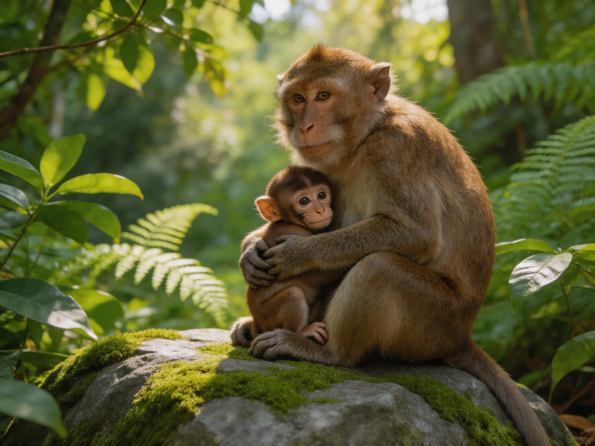 Two brown monkeys sit on a mossy rock surrounded by dense greenery