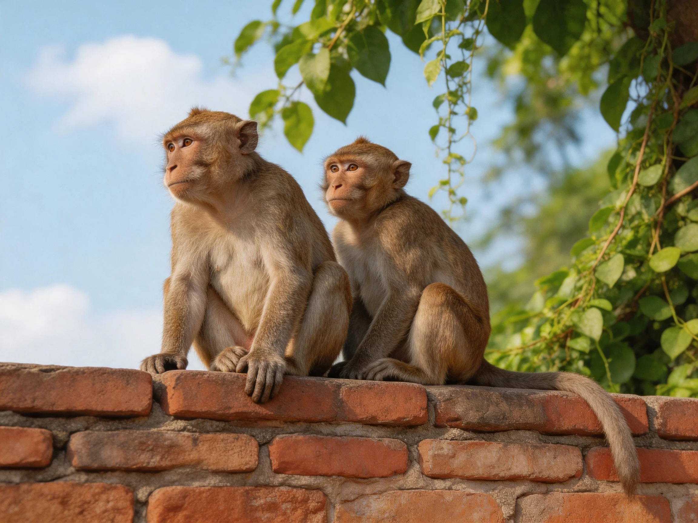 Two brown monkeys sit on a reddish brick wall near green foliage