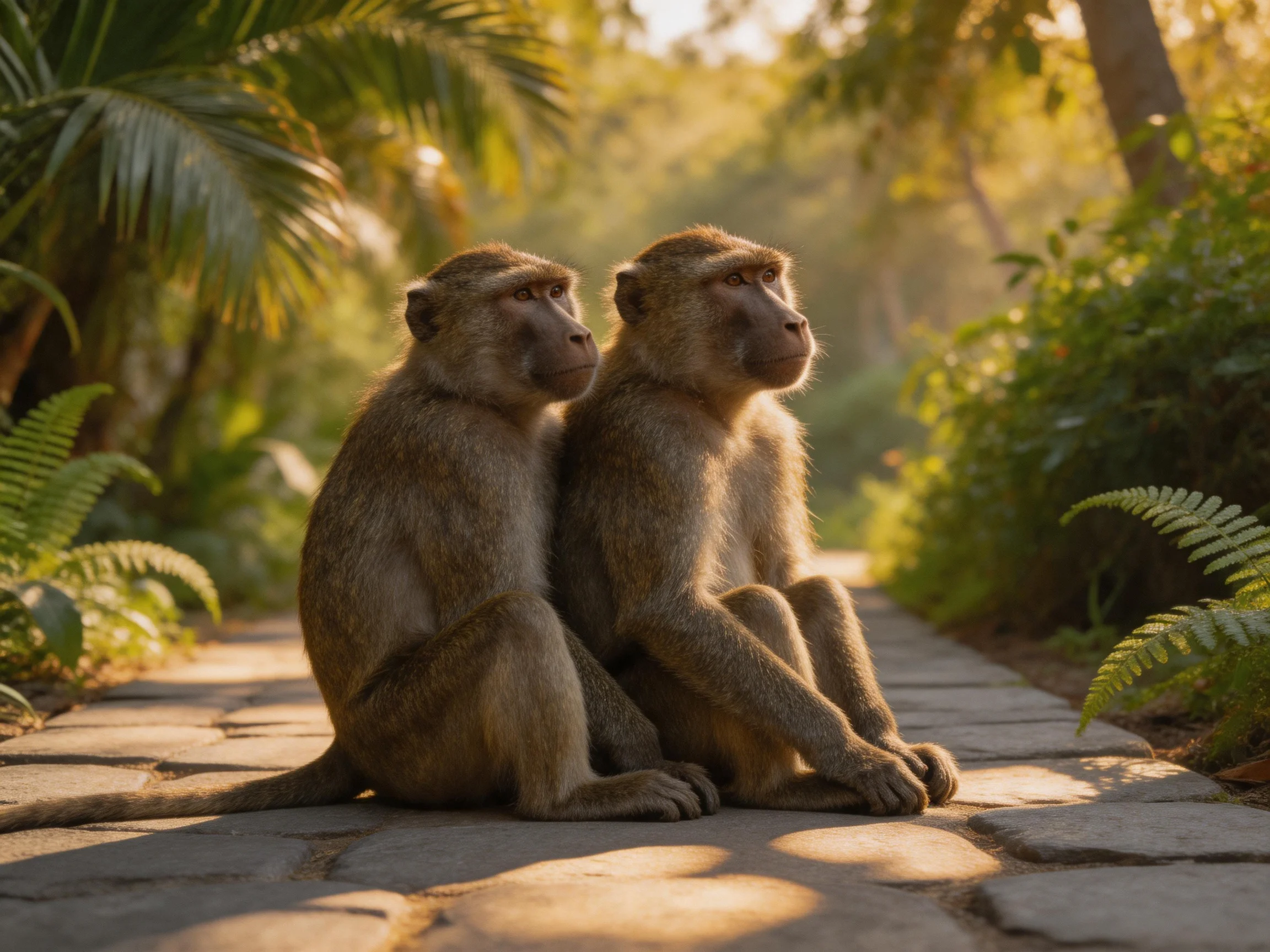 Two brown monkeys sit on a stone path surrounded by lush greenery