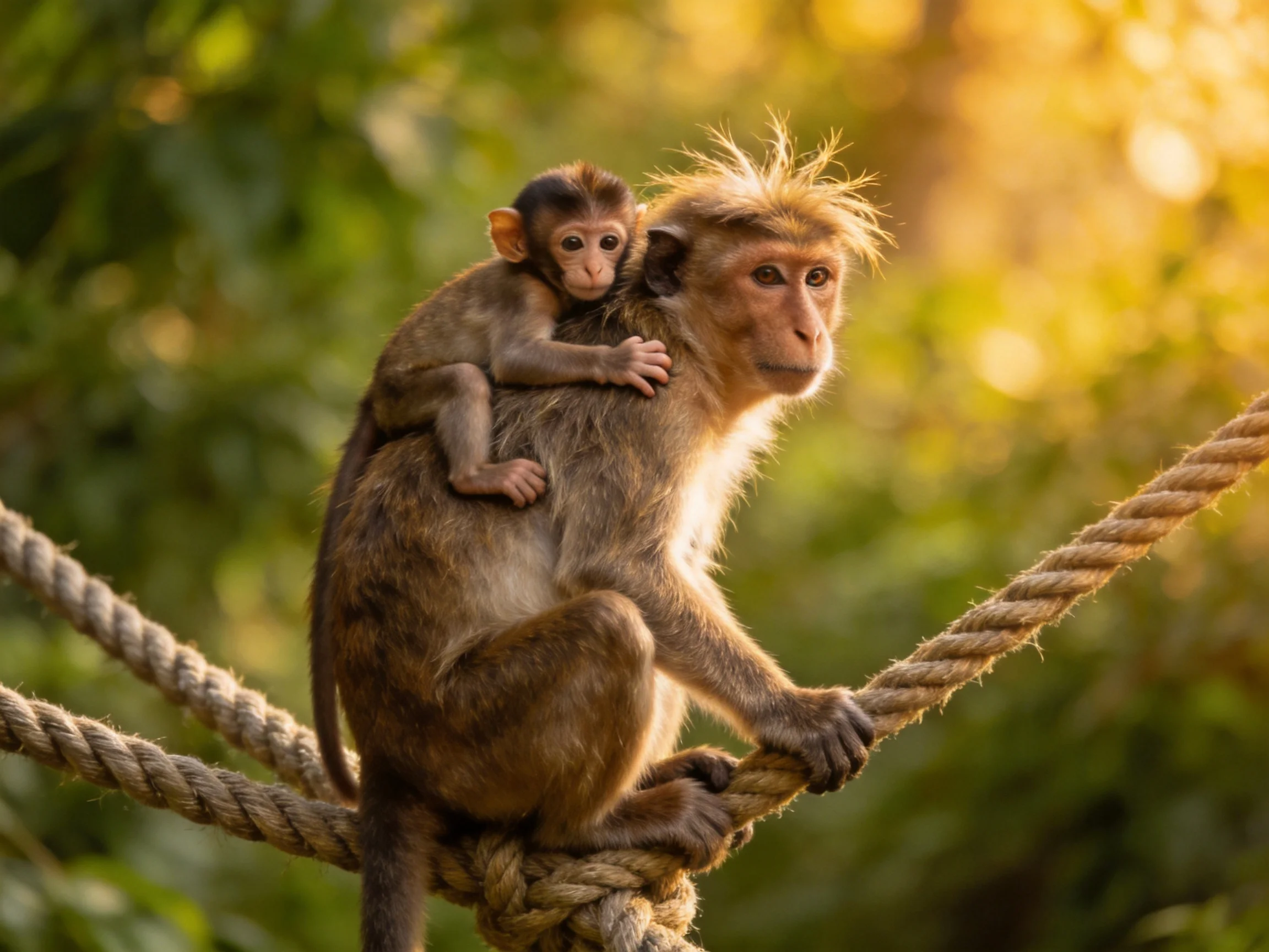 Two brown monkeys sit on thick ropes amid green foliage with golden sunlight