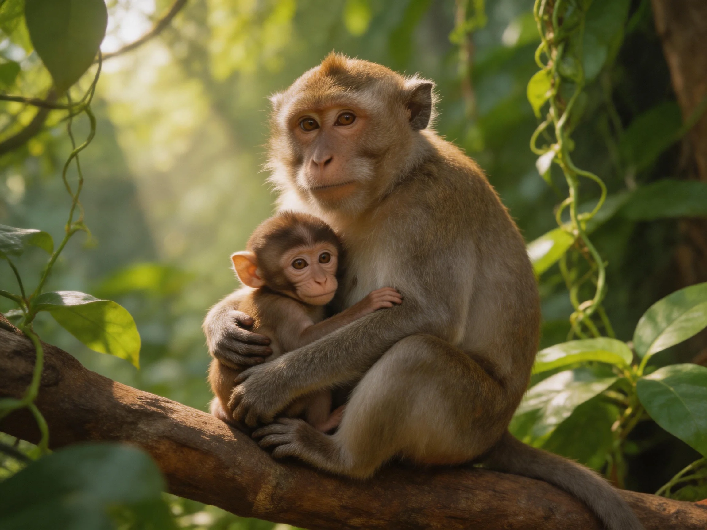 Two brown monkeys sit together on a tree branch in a lush forest