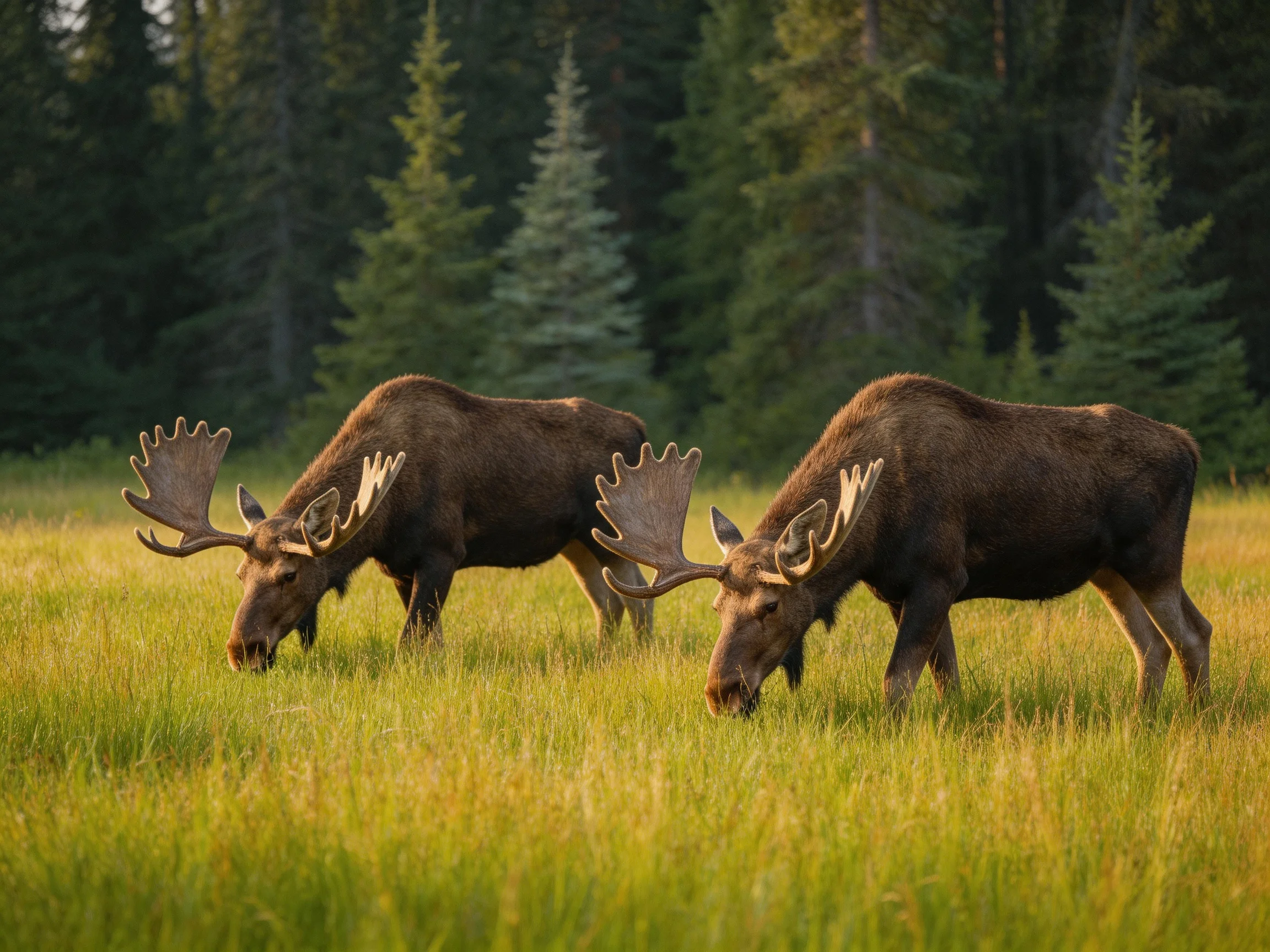 Two brown moose graze in a sunlit meadow with evergreen trees