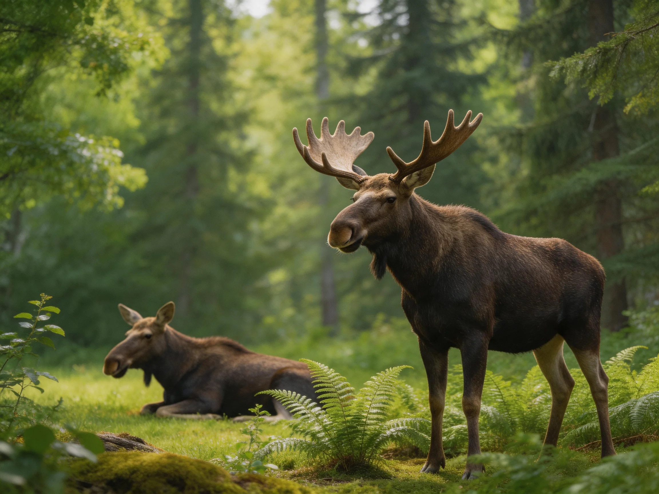 Two brown moose rest and stand in a green forest clearing.