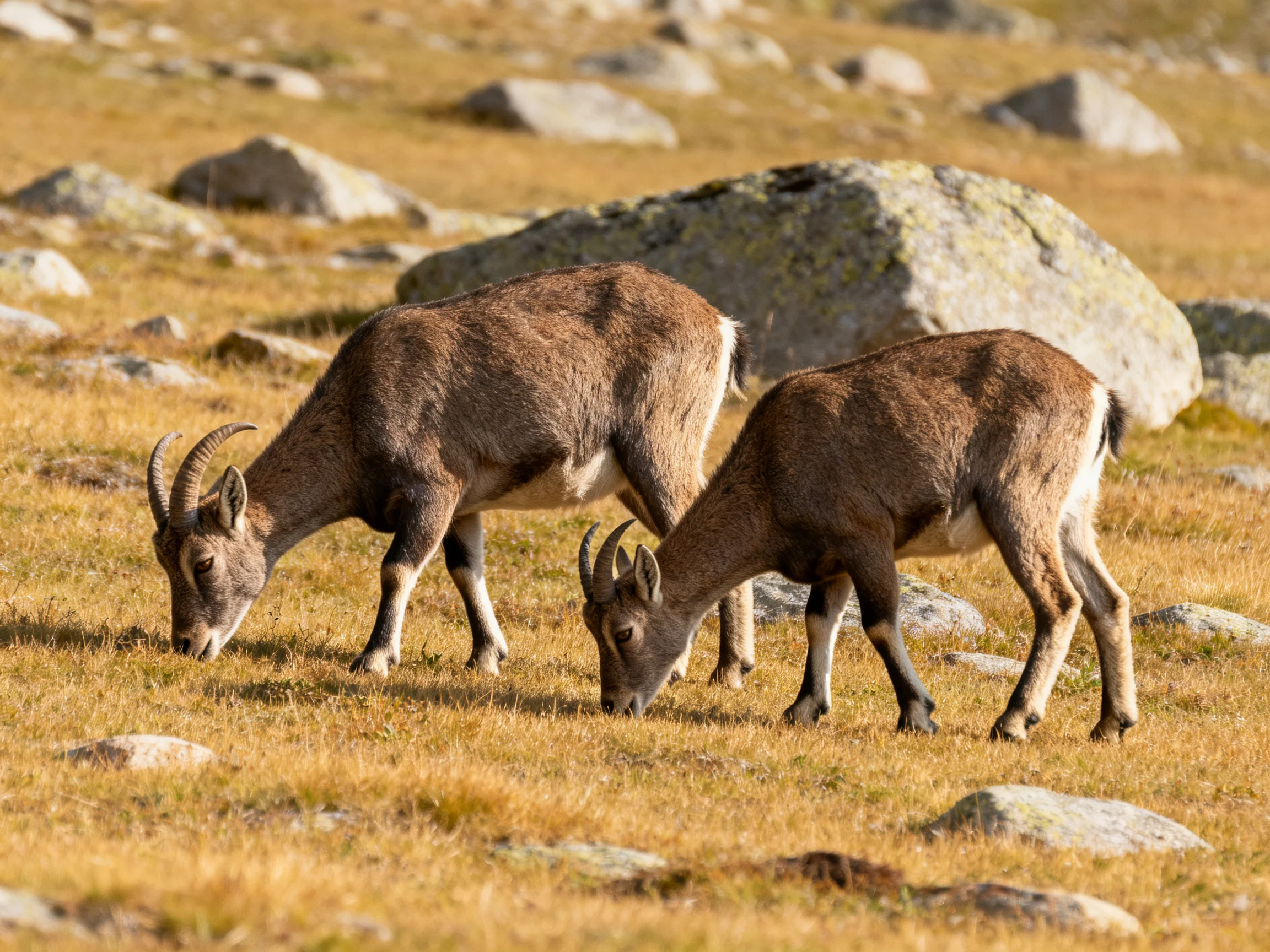 Two brown mountain goats graze near large gray rocks on golden grass