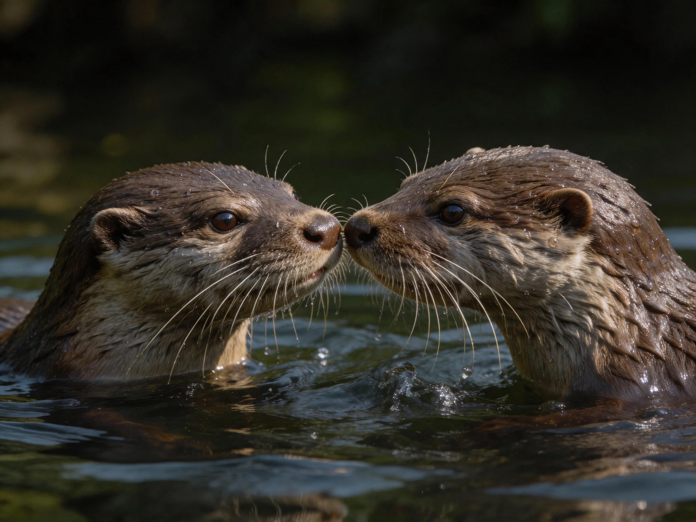 Two brown otters nuzzling in calm water with natural lighting