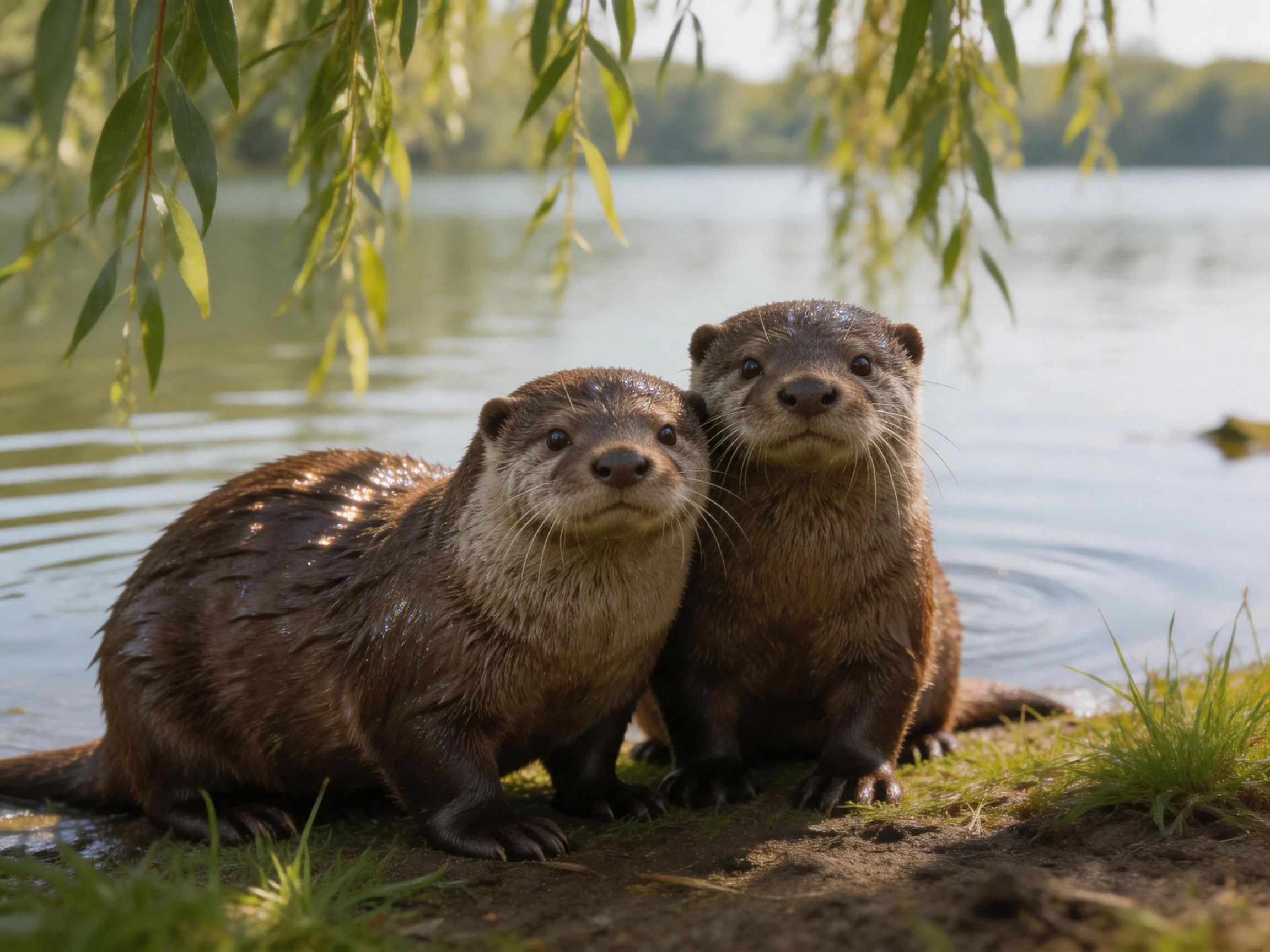 Two brown otters rest by a calm lake under hanging willow branches