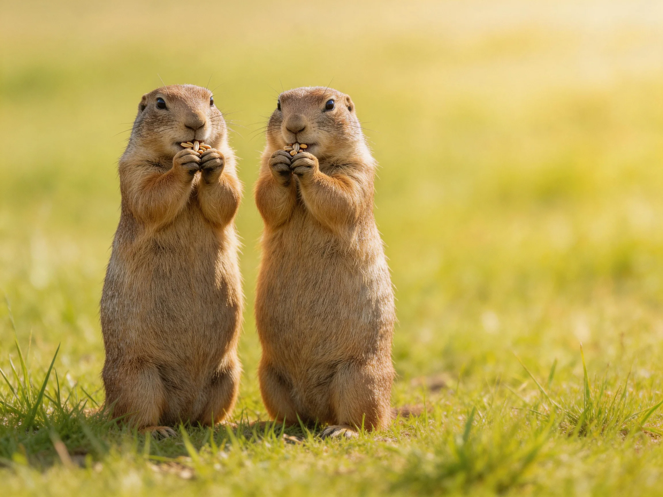 Two brown prairie dogs eating seeds on a sunlit green meadow