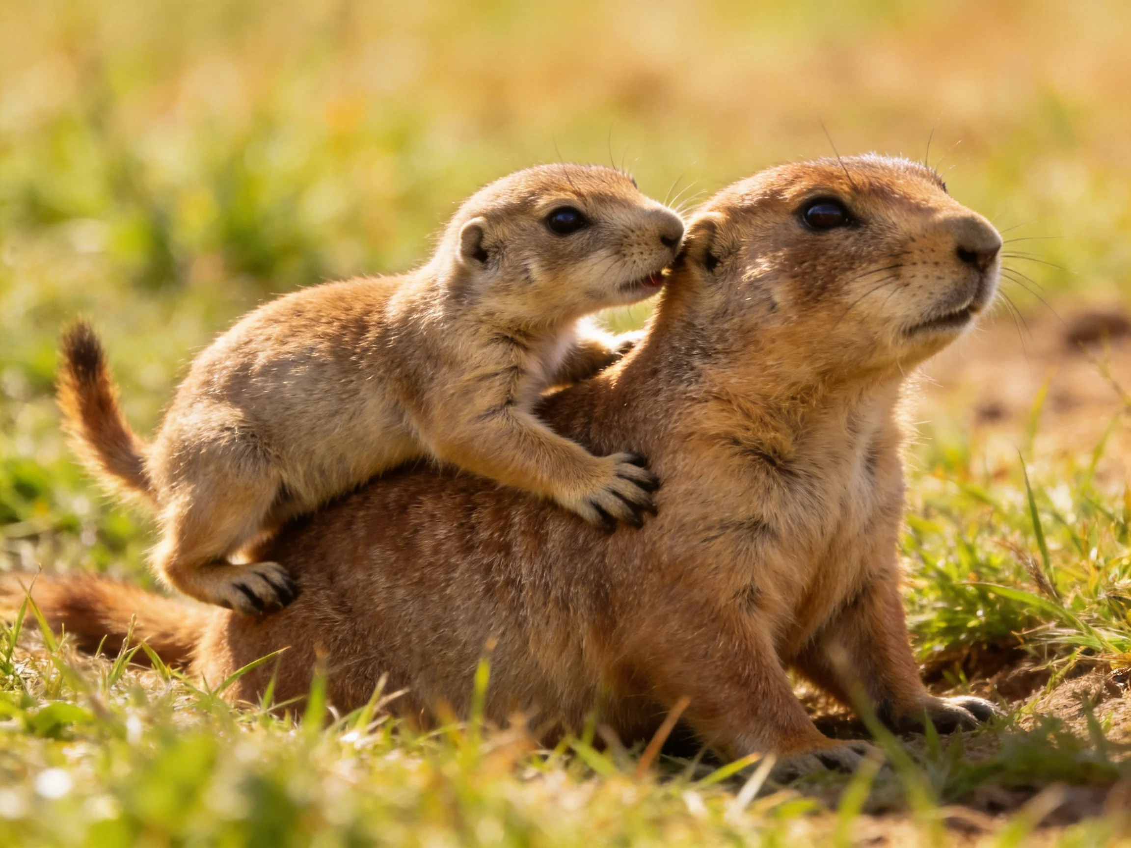 Two brown prairie dogs interact in a sunlit grassy field