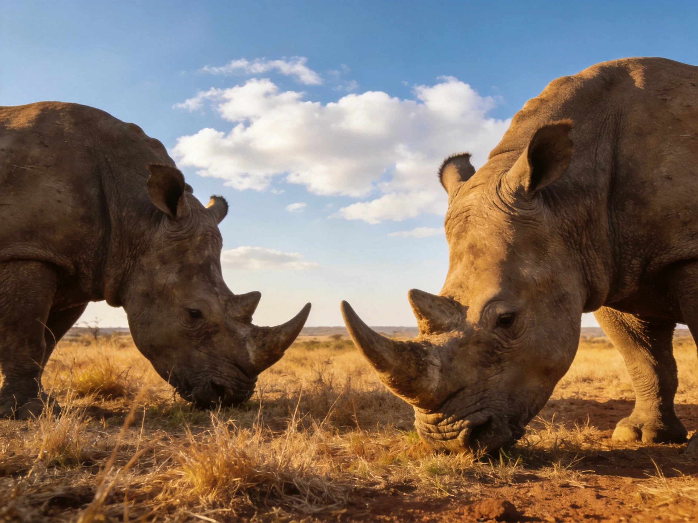 Two brown rhinoceroses graze in a golden savannah landscape