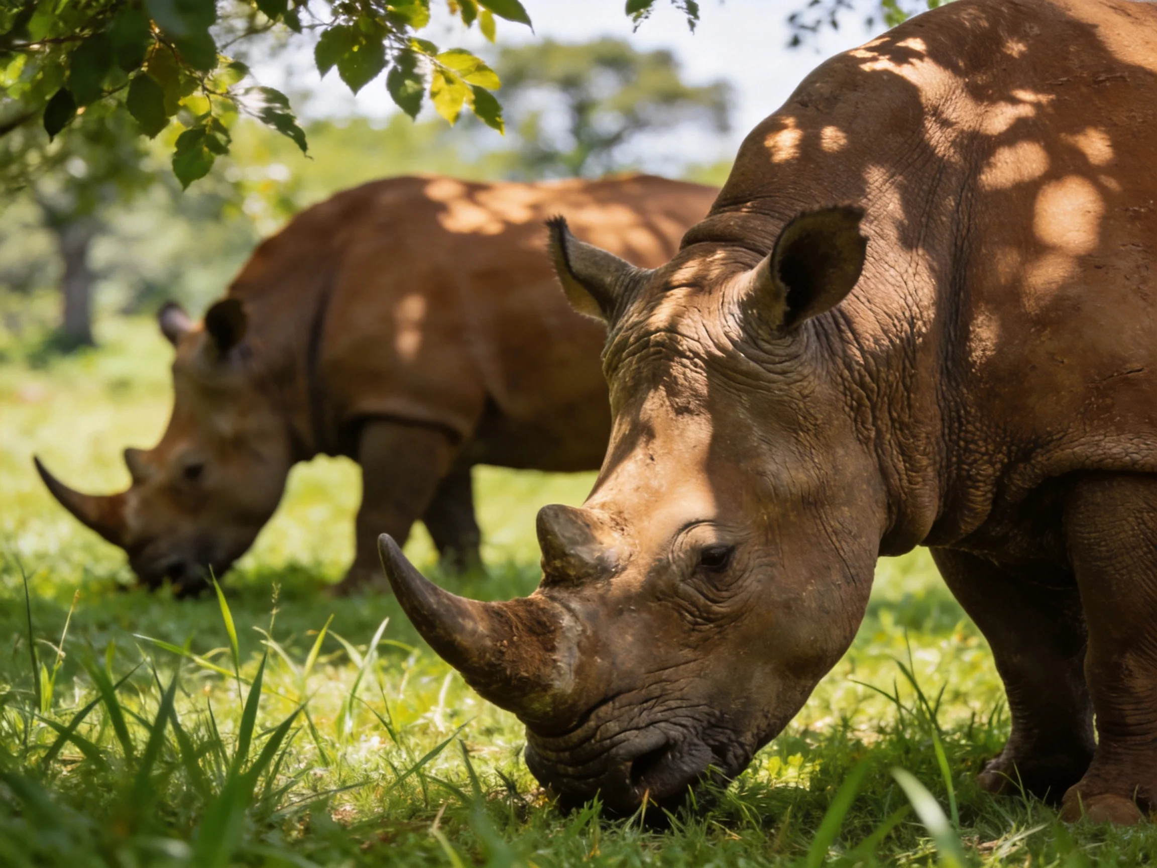Two brown rhinoceroses graze in a sun-dappled green meadow