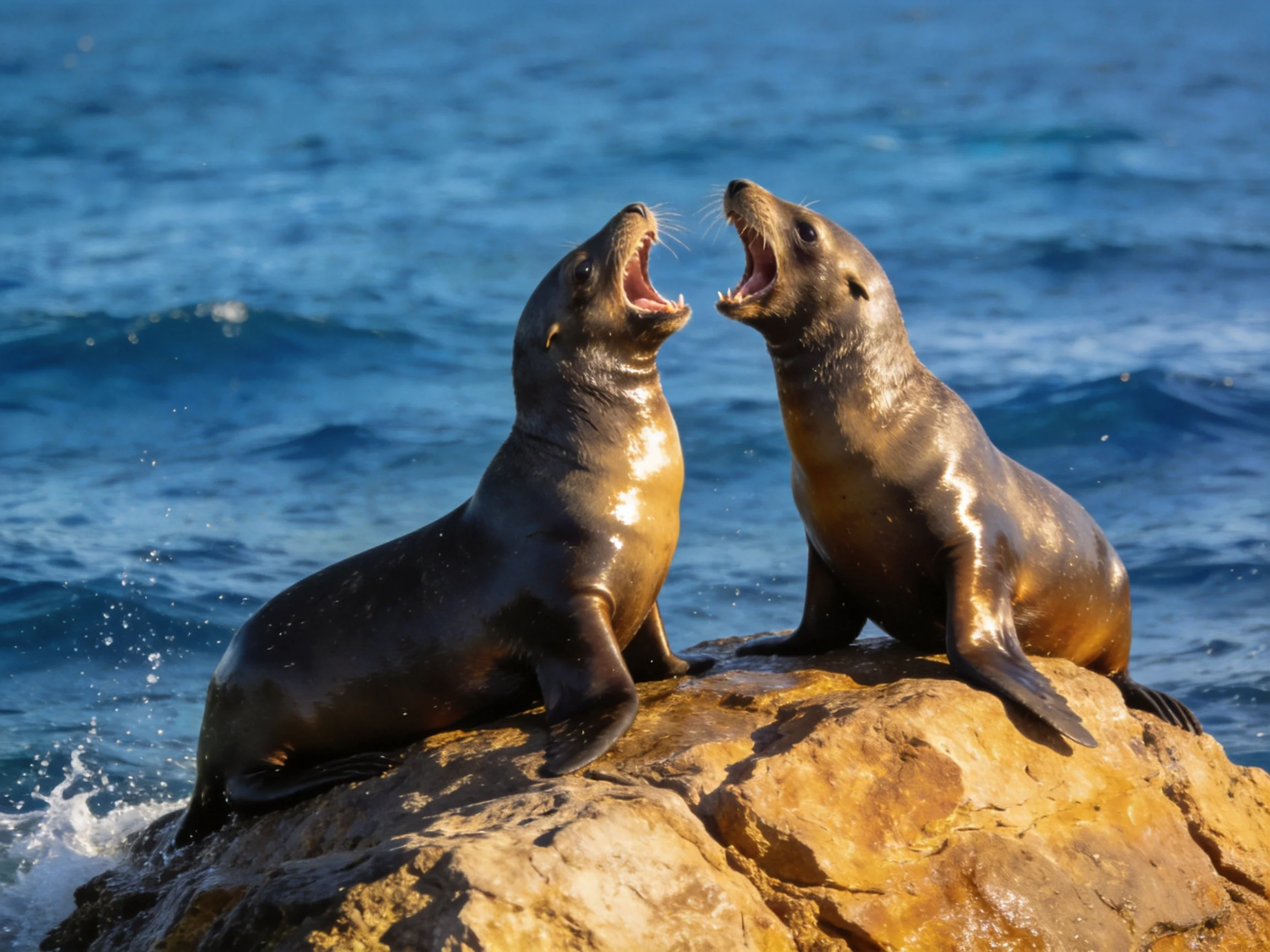 Two brown sea lions interact on a large textured rock by the blue ocean