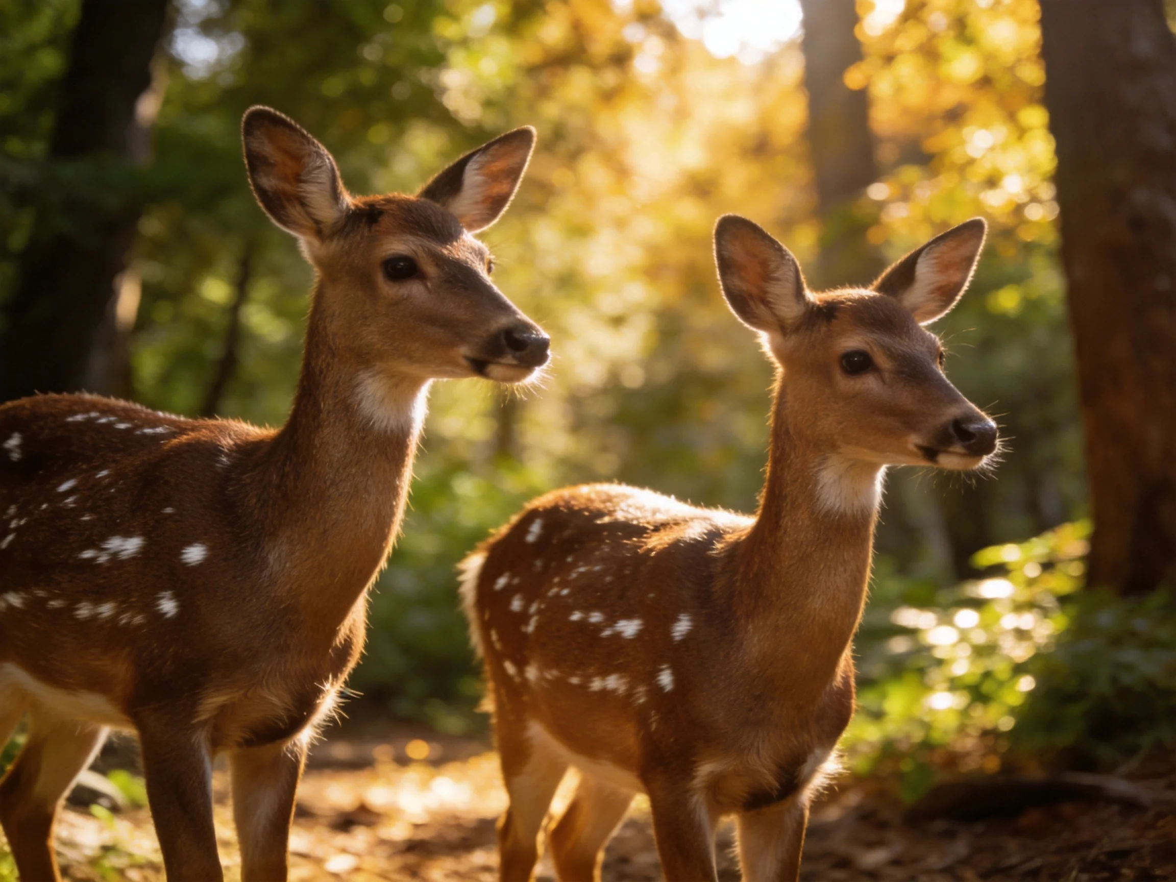 Two spotted deer stand together in a sunlit forest.
