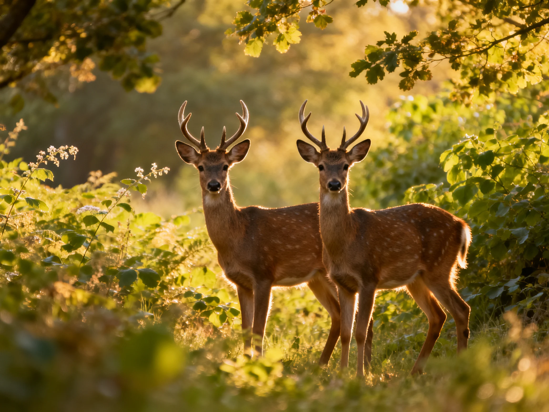 Two brown-spotted deer stand in sunlit green foliage