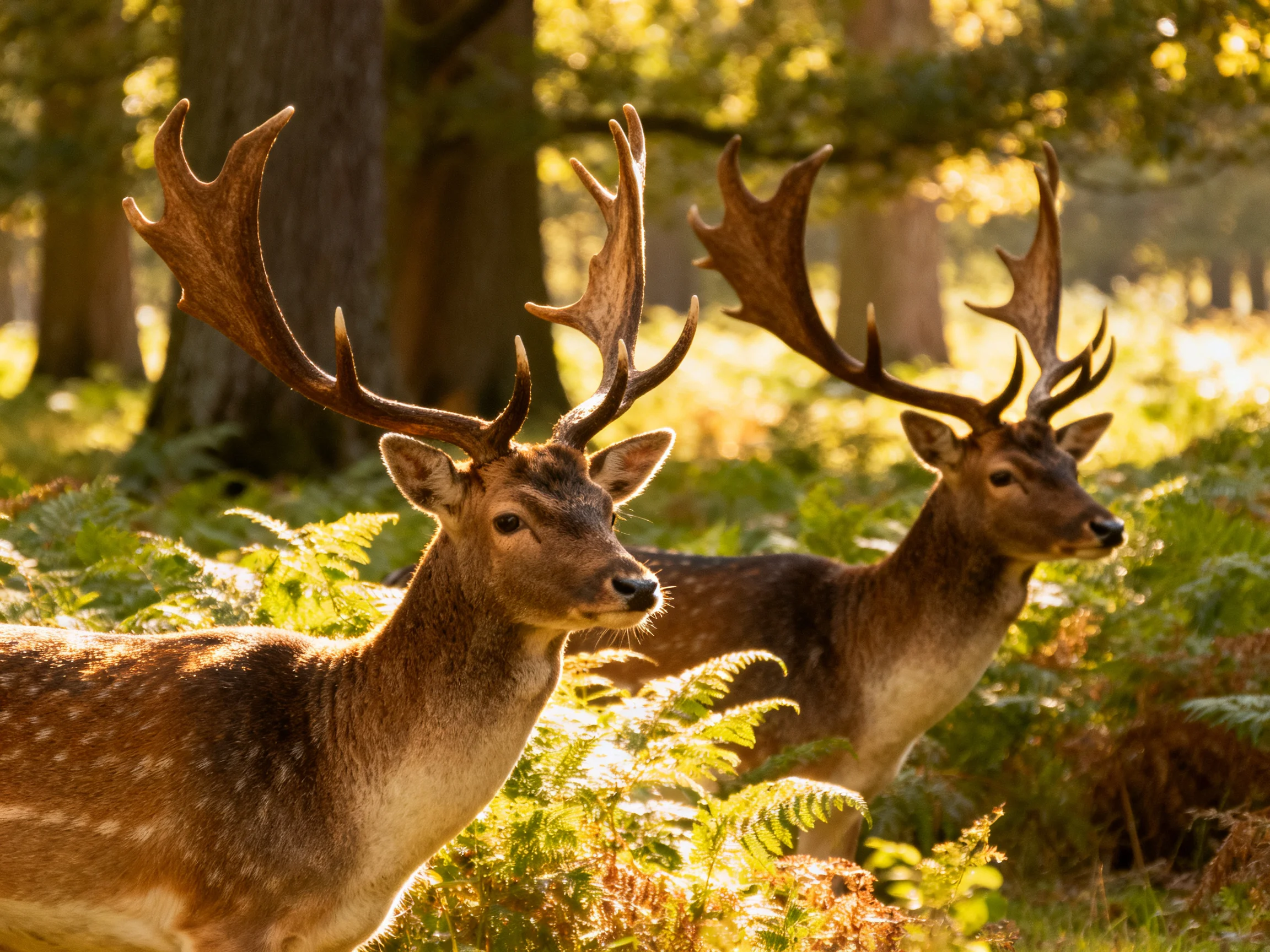 Two deer stand among ferns in a sunlit woodland.