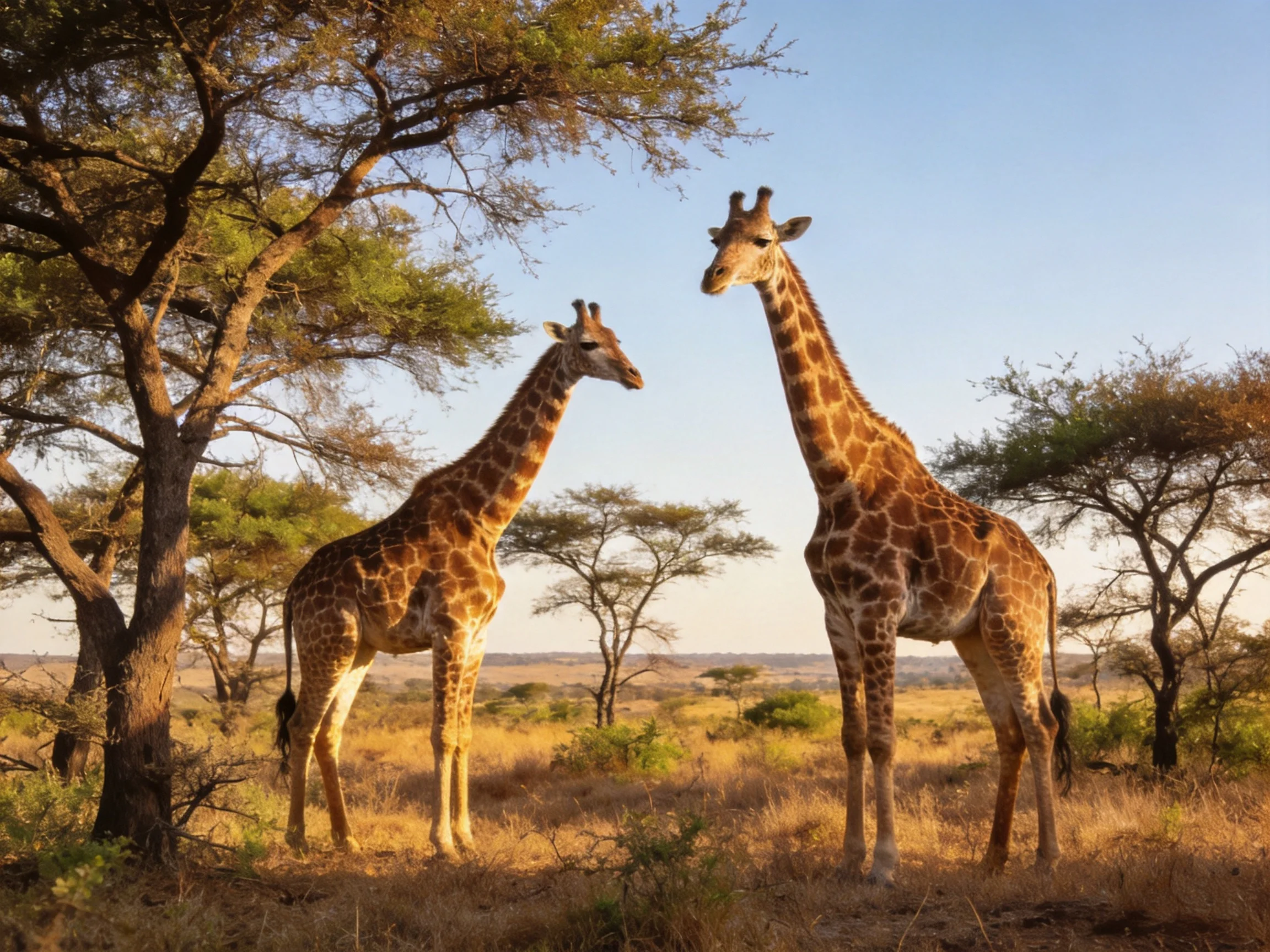Two brown-spotted giraffes near acacia trees in golden savannah light