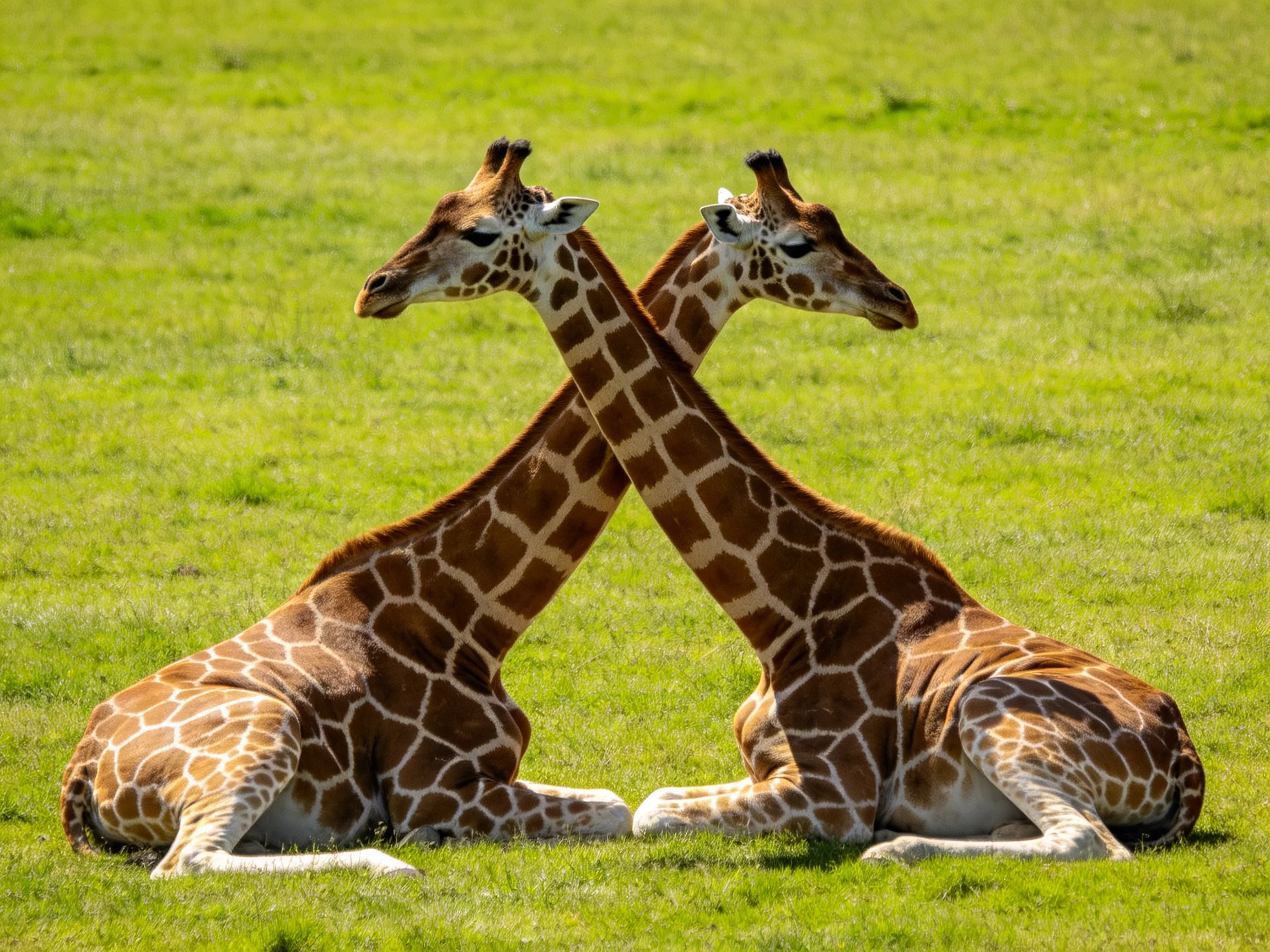 Two brown-spotted giraffes rest on a lush green field