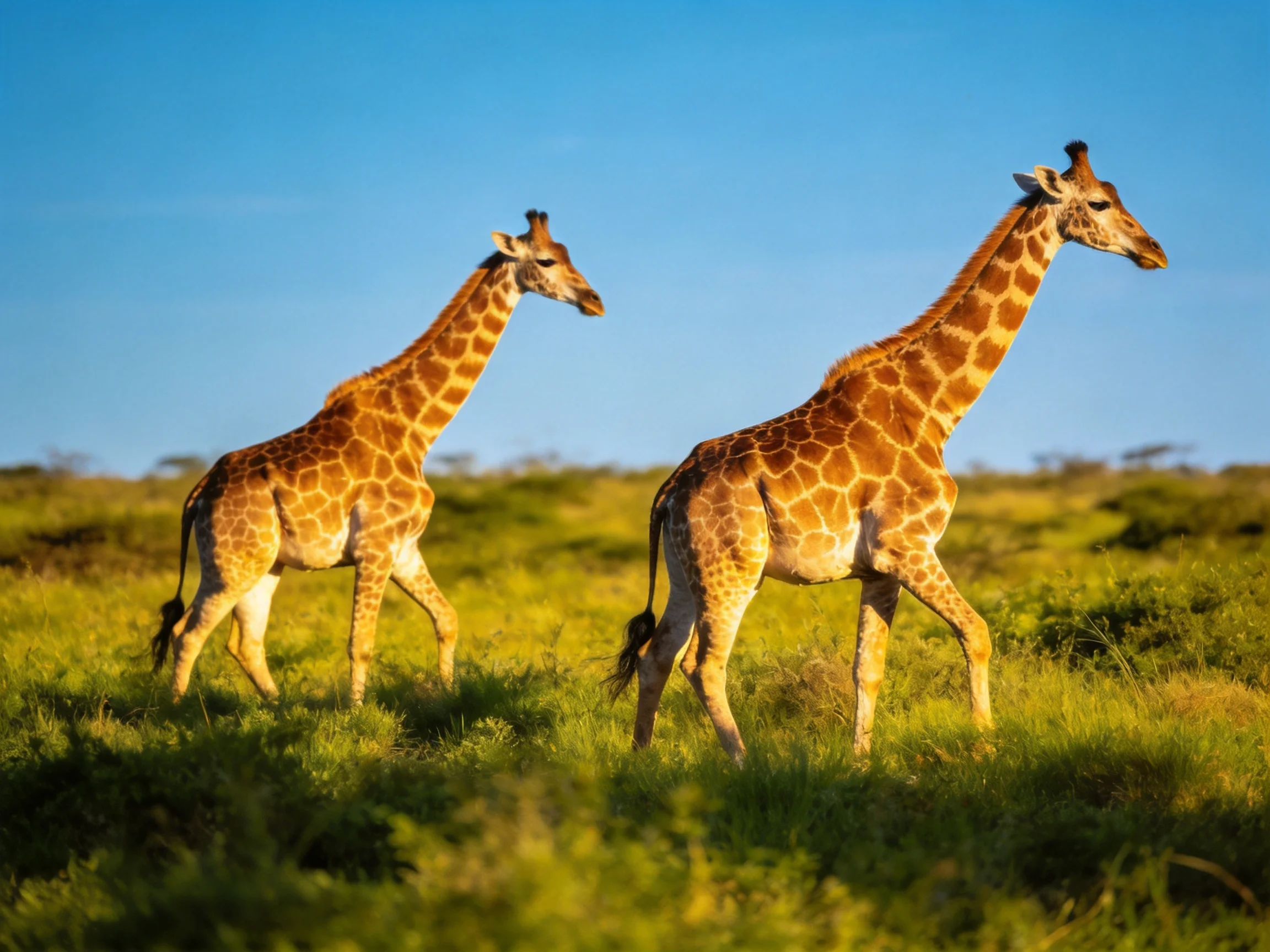 Two brown-spotted giraffes walk through green savannah under blue sky