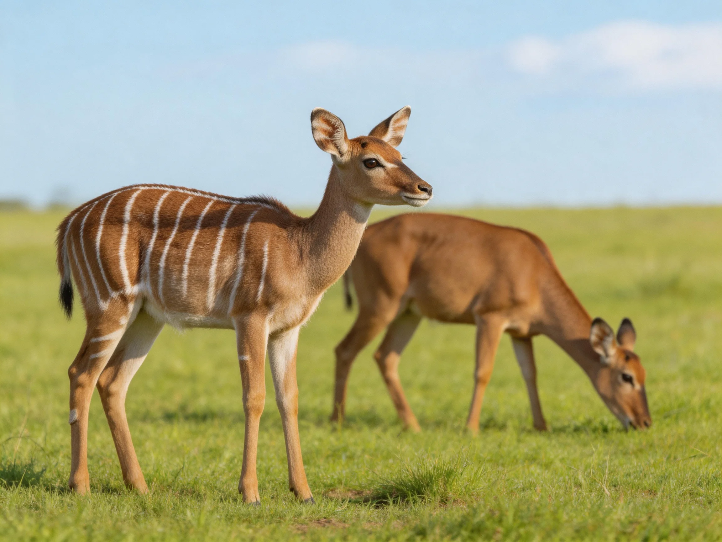 Two brown-striped antelopes graze in a sunlit meadow.