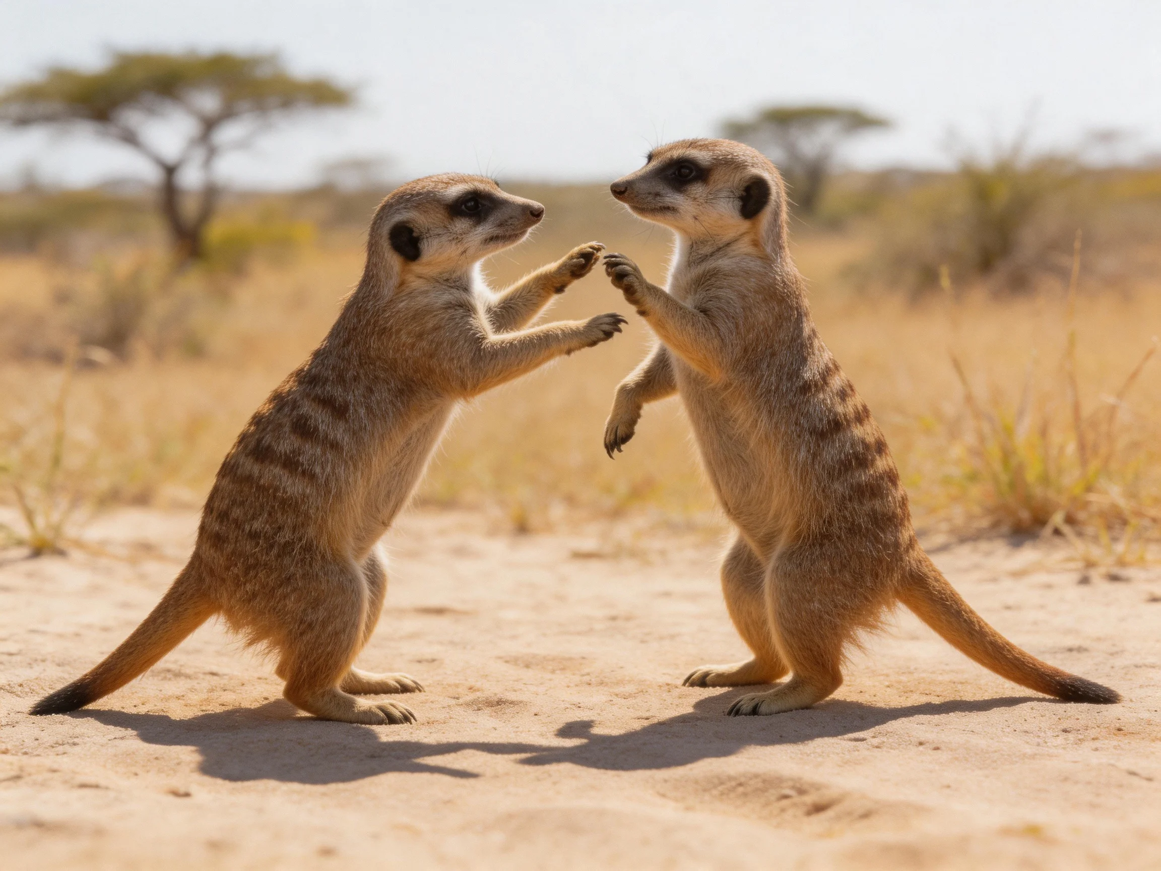 Two brown-striped meerkats interact in a dry savannah landscape